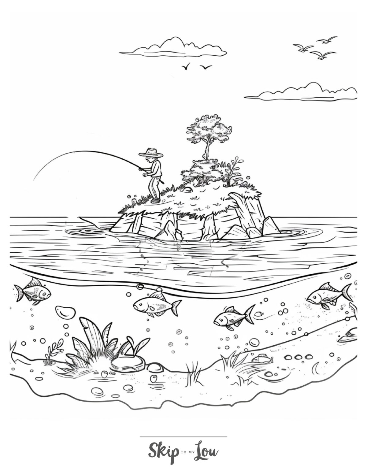 Black and white ocean coloring page of a boy fishing off an island. 