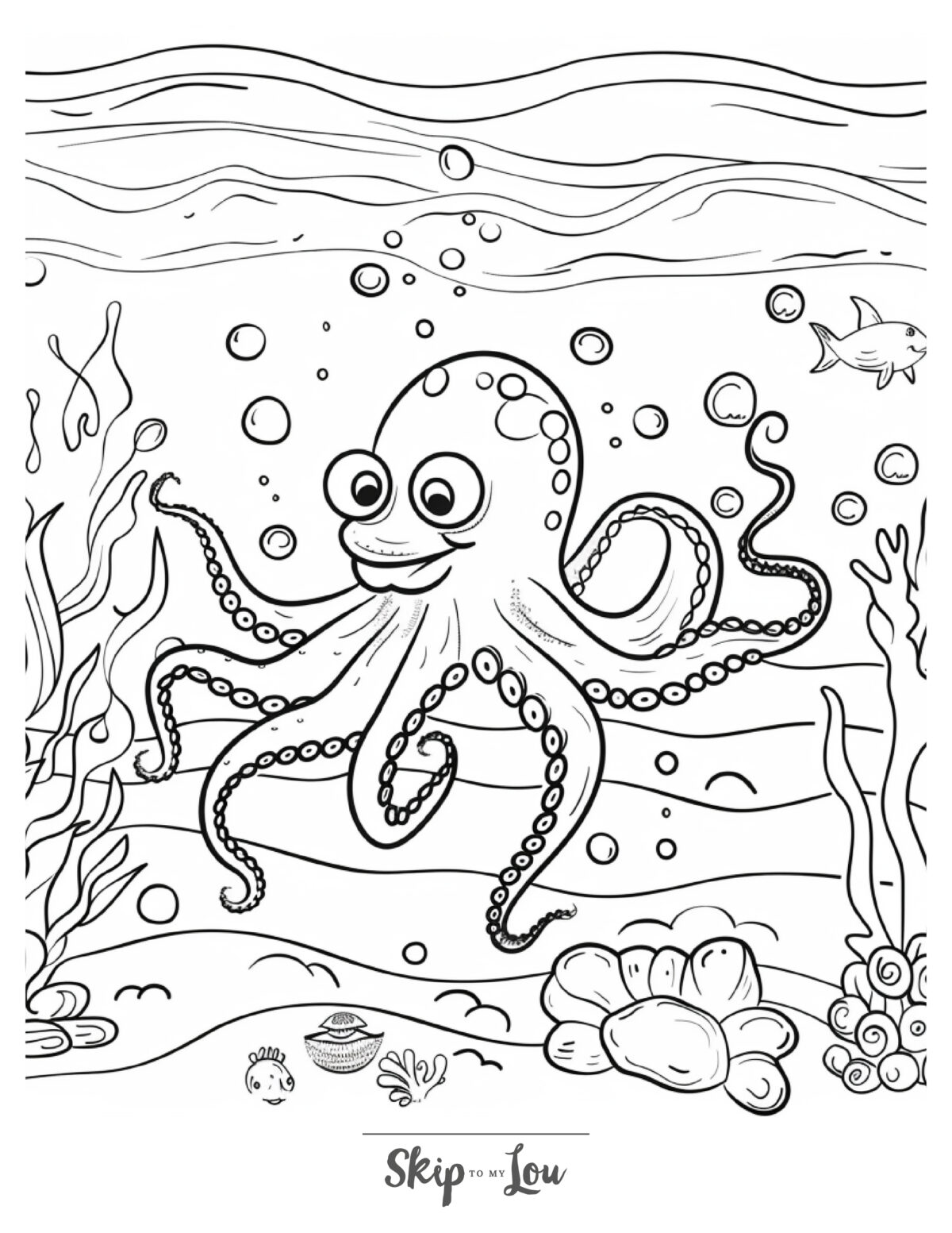 Black and white ocean coloring page featuring an octopus.