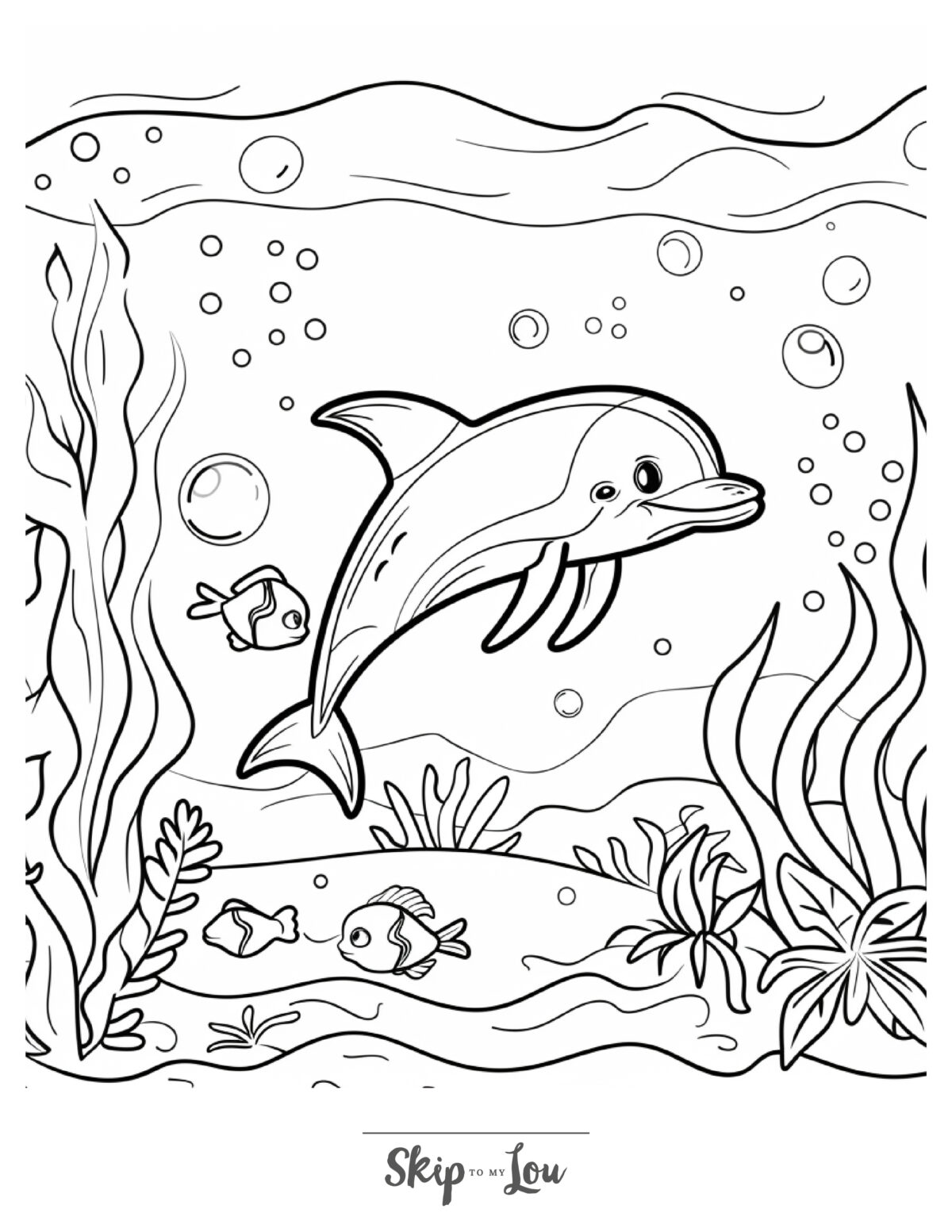 Black and white coloring page of a dolphin swimming in kelp. 