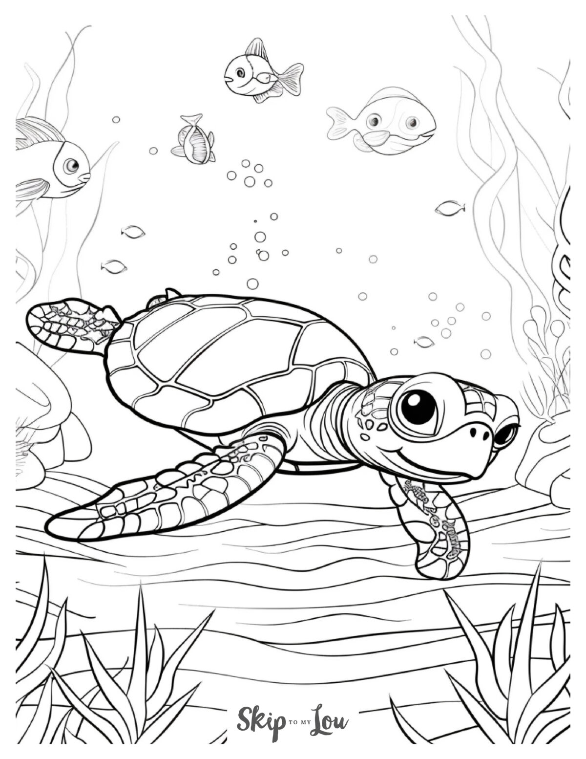 Black and white ocean coloring page of a small turtle swimming on the bottom of the ocean.