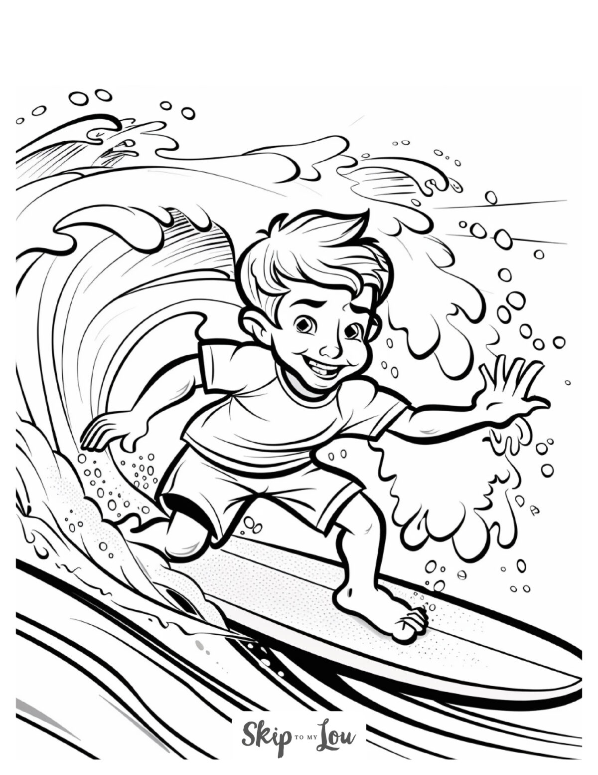 A black and white ocean coloring page of a boy surfing.