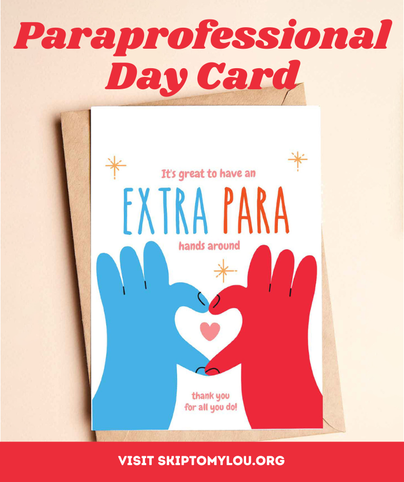 Paraprofessionals Day card showing two cartoon hands forming a heart