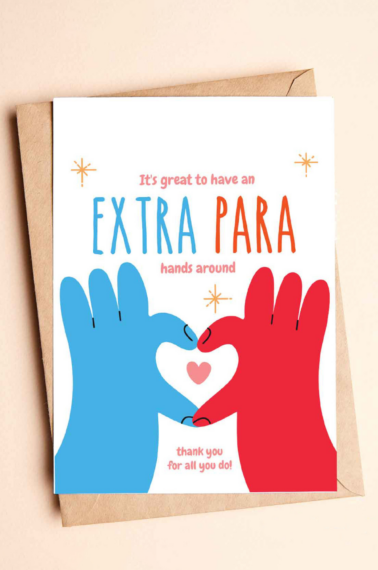 Paraprofessionals Day card showing two cartoon hands forming a heart with thank you text from Skip to my Lou.