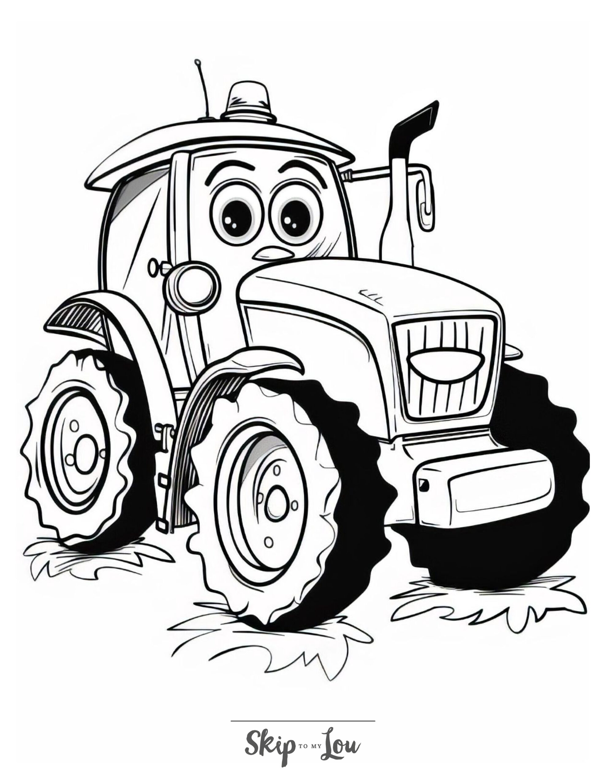 Black and white tractor coloring page featuring a modern cartoon tractor with eyes.