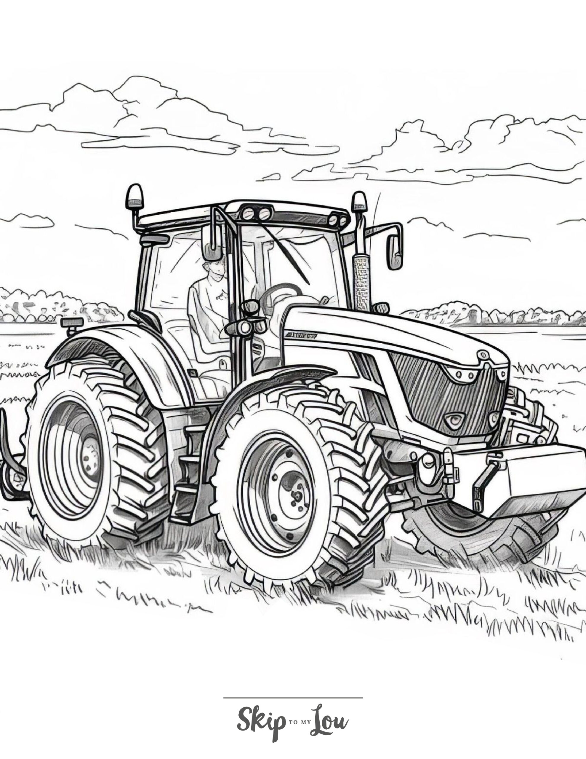 A black and white coloring page of a tractor mowing grass.