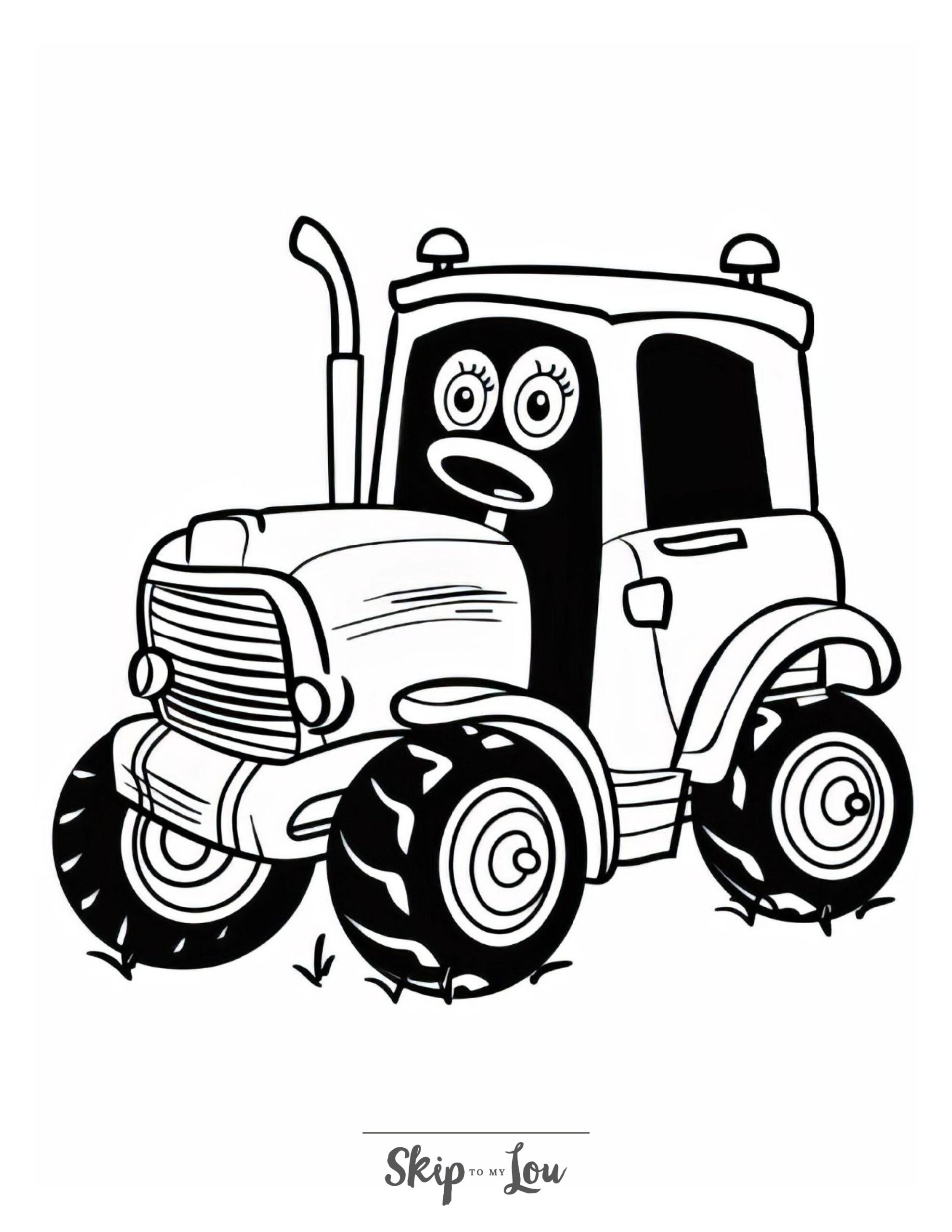 A black and white coloring page of a cartoon tractor frowning.