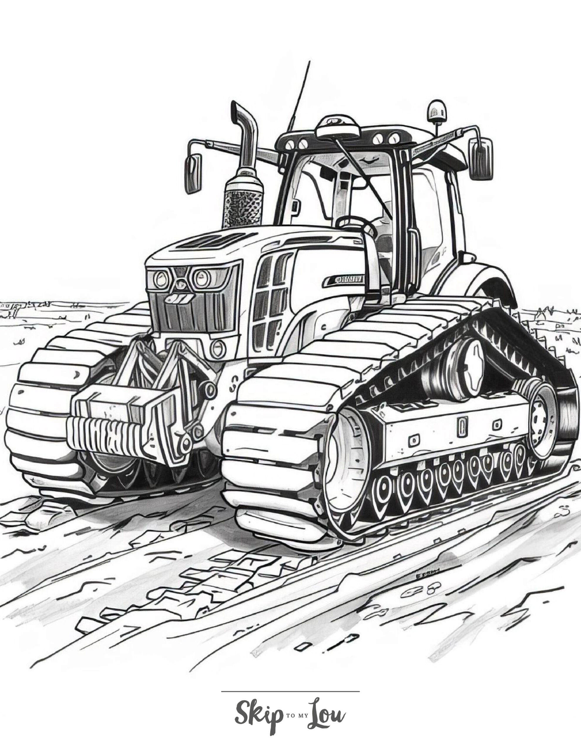 A black and white coloring page of a tractor on tracks.