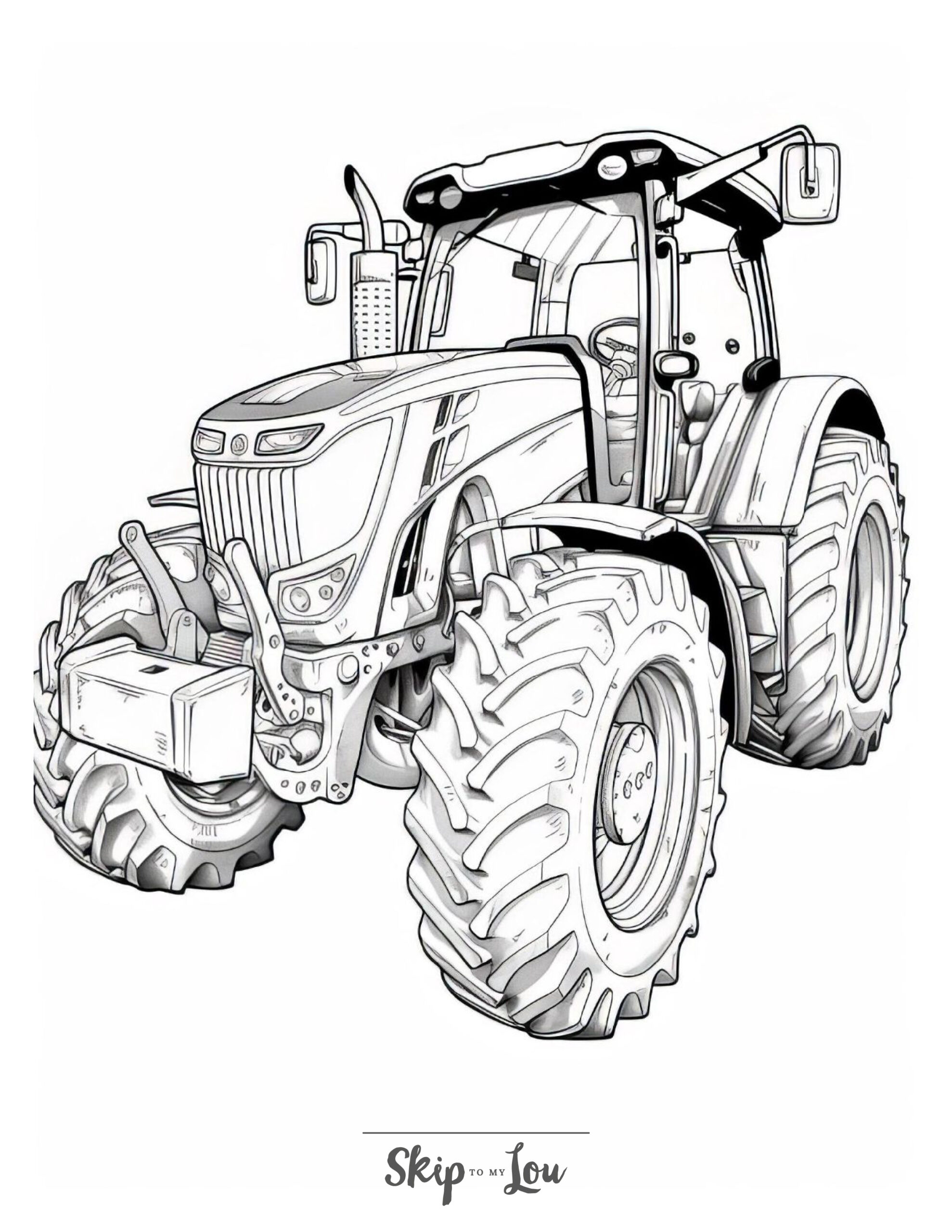 A black and white coloring page of a very modern tractor.
