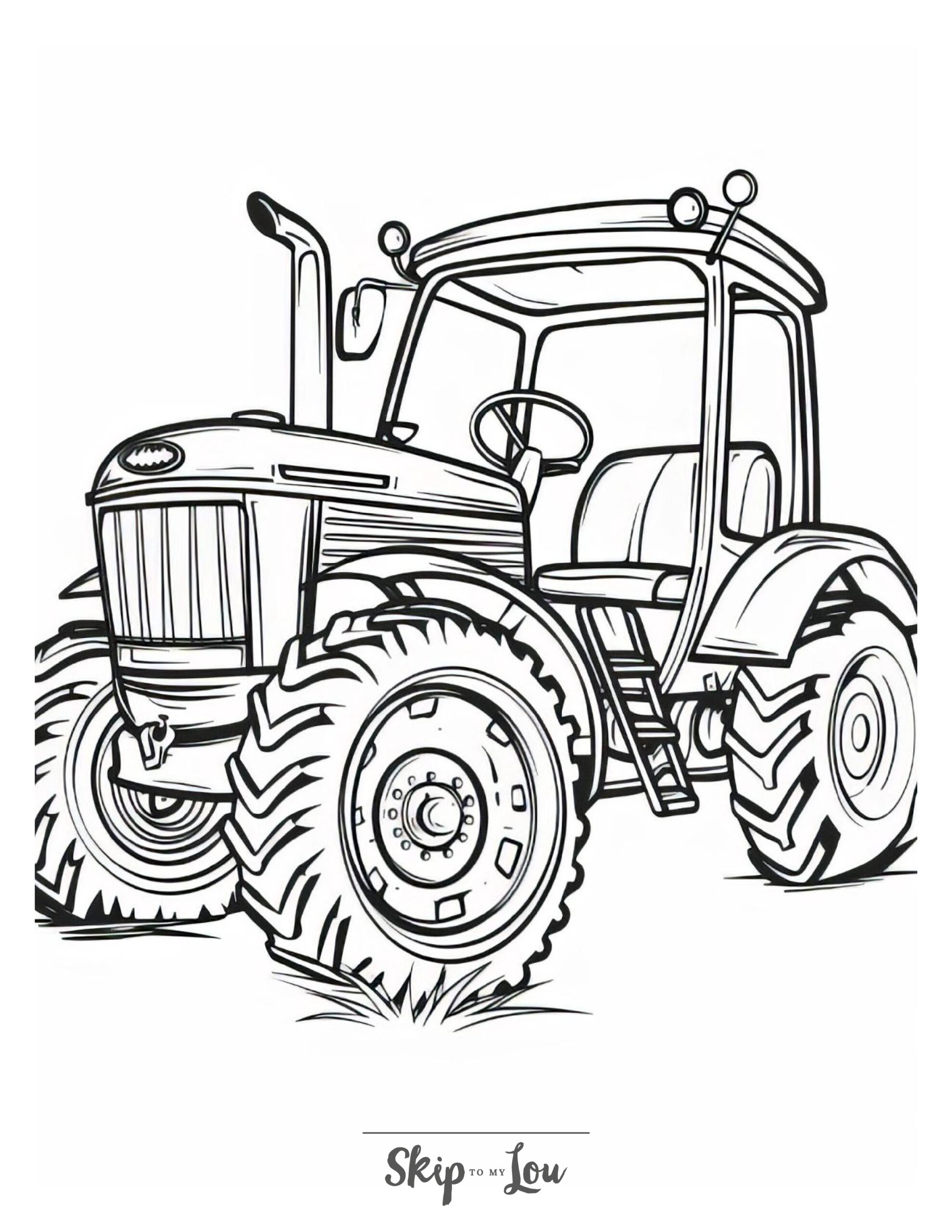 Black and white coloring page of a large tractor with a step up to get into the drivers compartment.