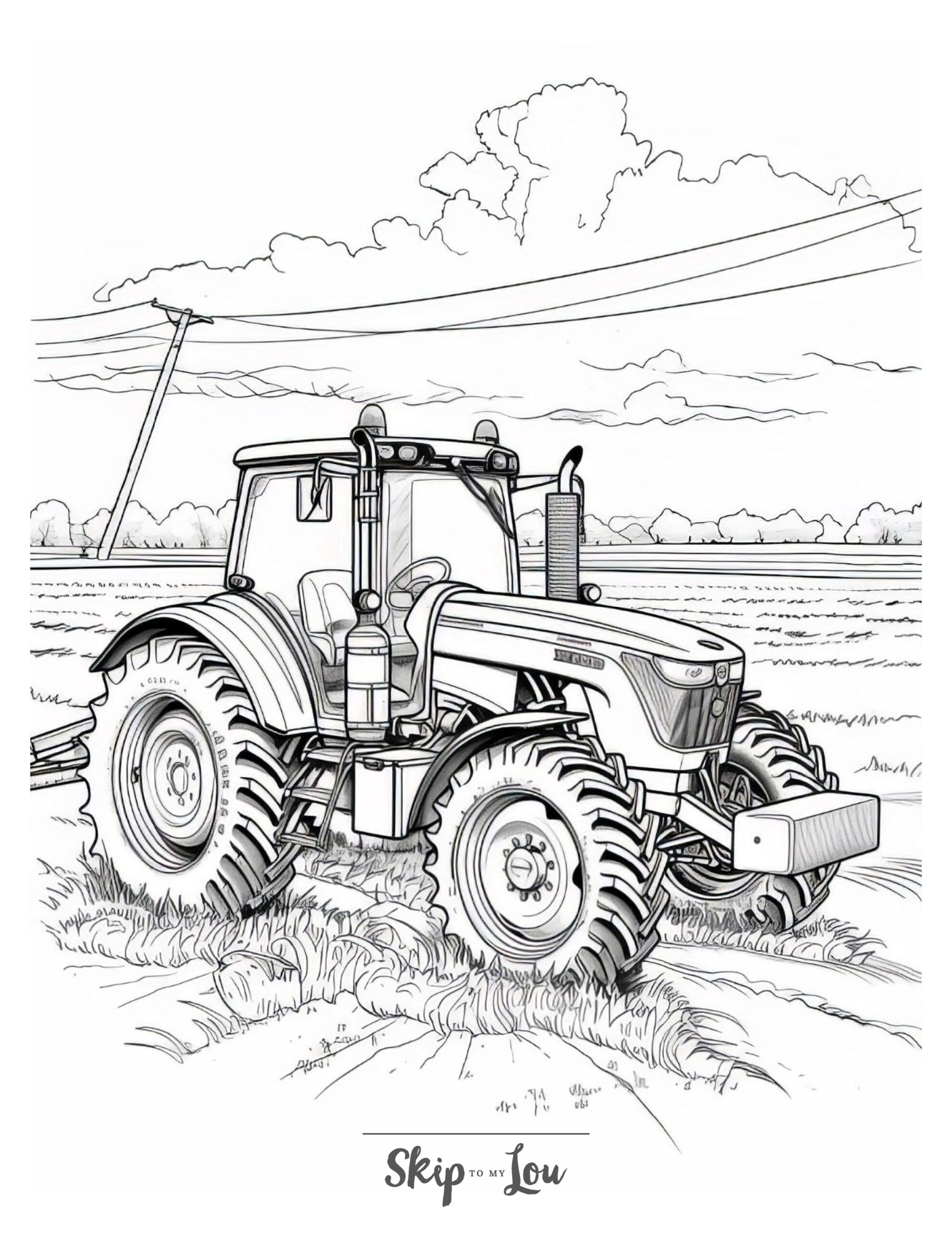 A blacka nd white shot of a tractor standing in a beautiful field.