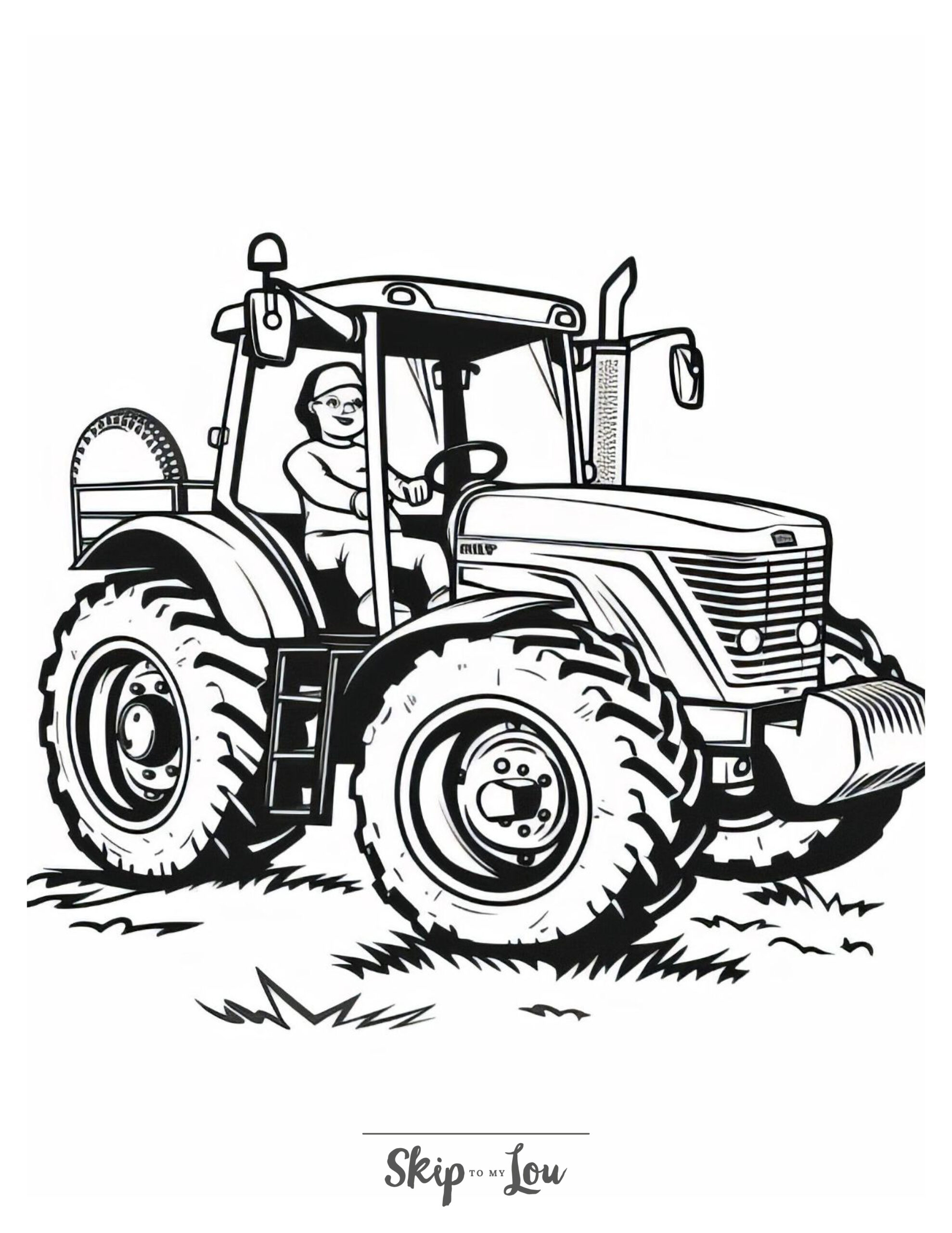 A black and white coloring page of a tractor and a driver.