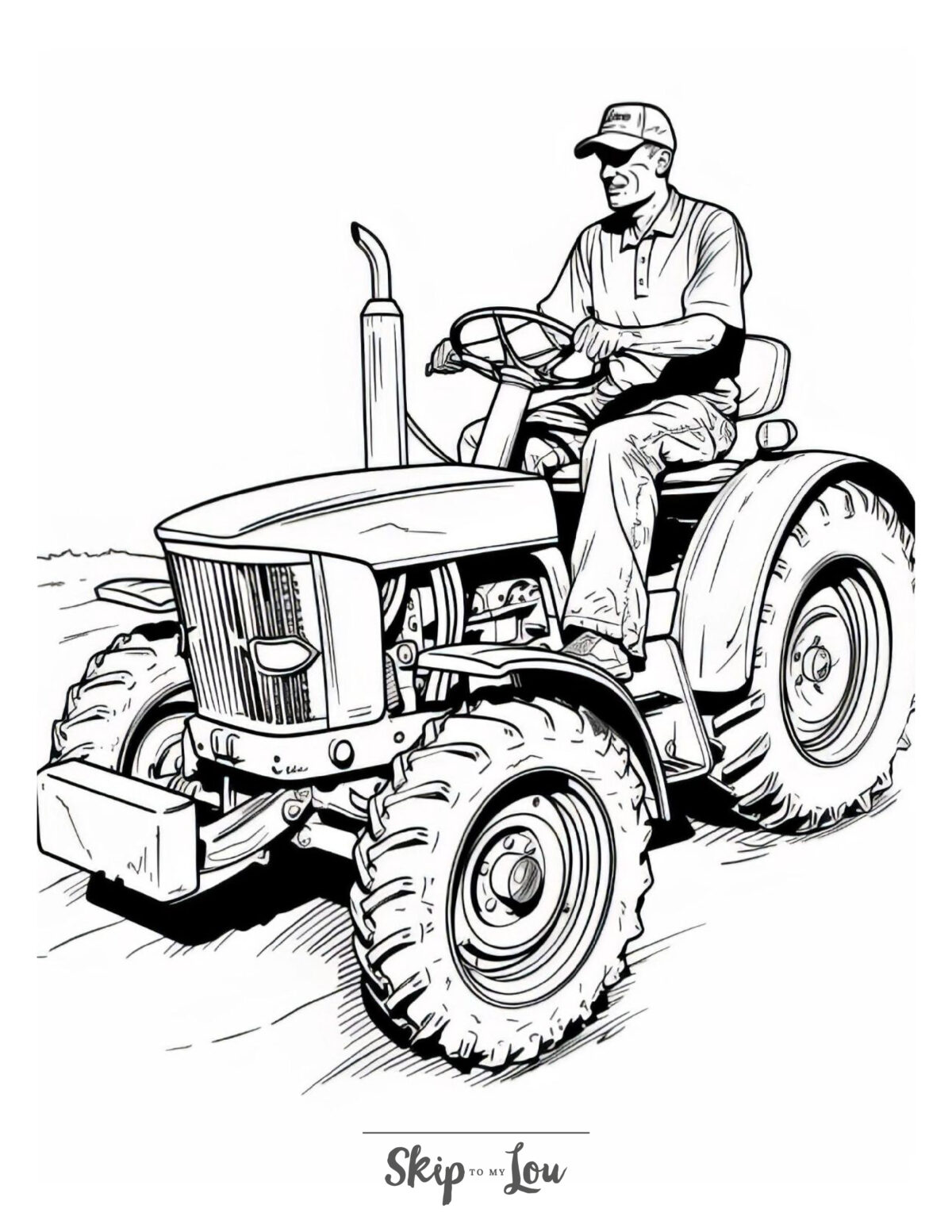 Black and white tractor coloring page featuring a farmer driving in the fields from Skip to my Lou.