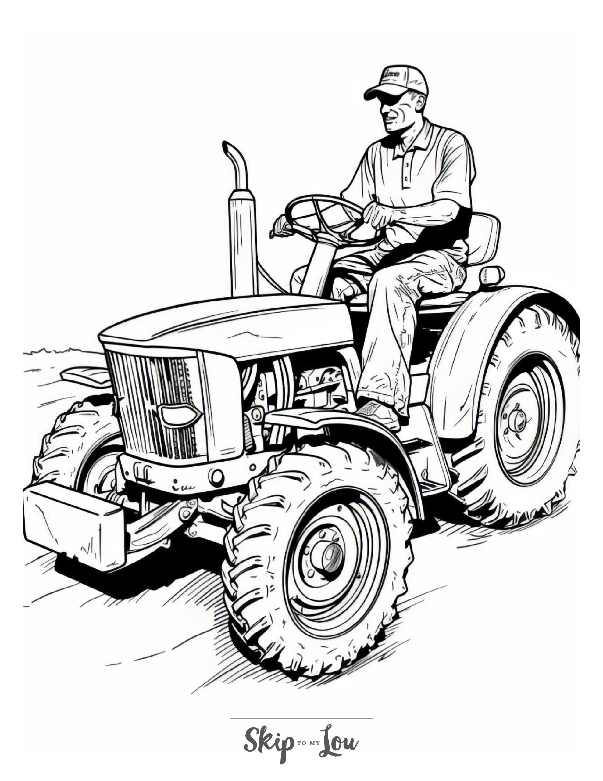 A black and white coloring page of an older tractor model and a farmer driving it.
