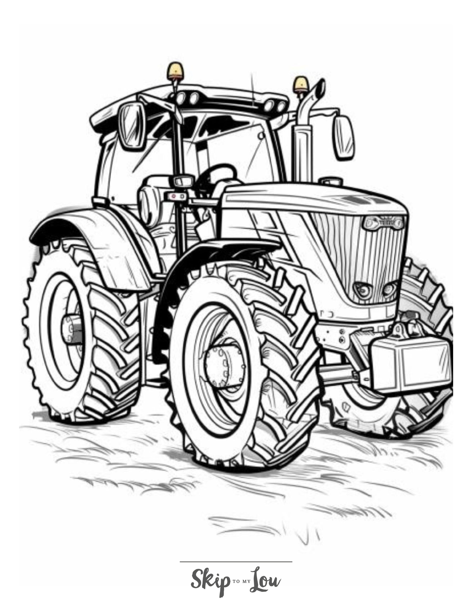 Black and white coloring page of a modern tractor with large wheels.