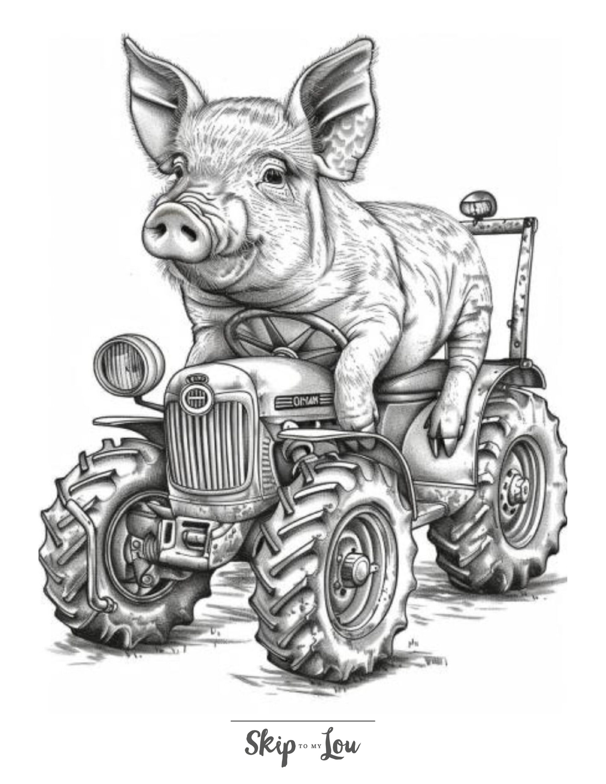 Black and white tractor coloring page of a pig on a tractor.