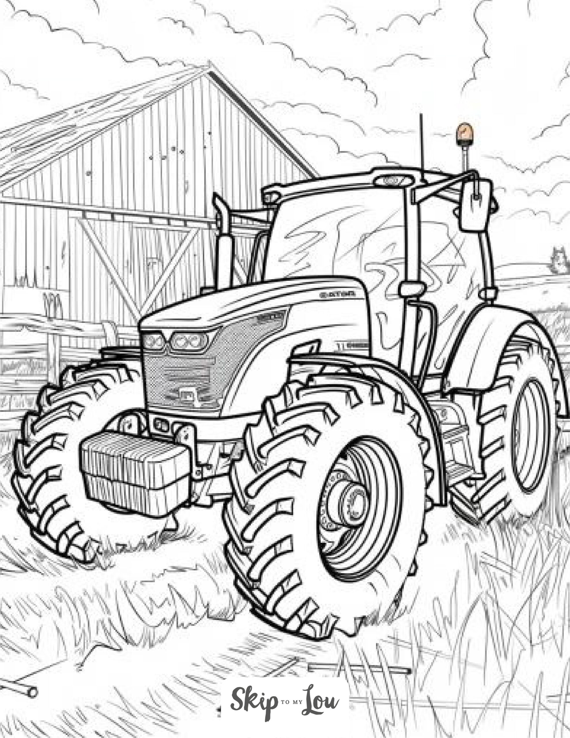 A black and white coloring page of a large tractor with a massive cabin.