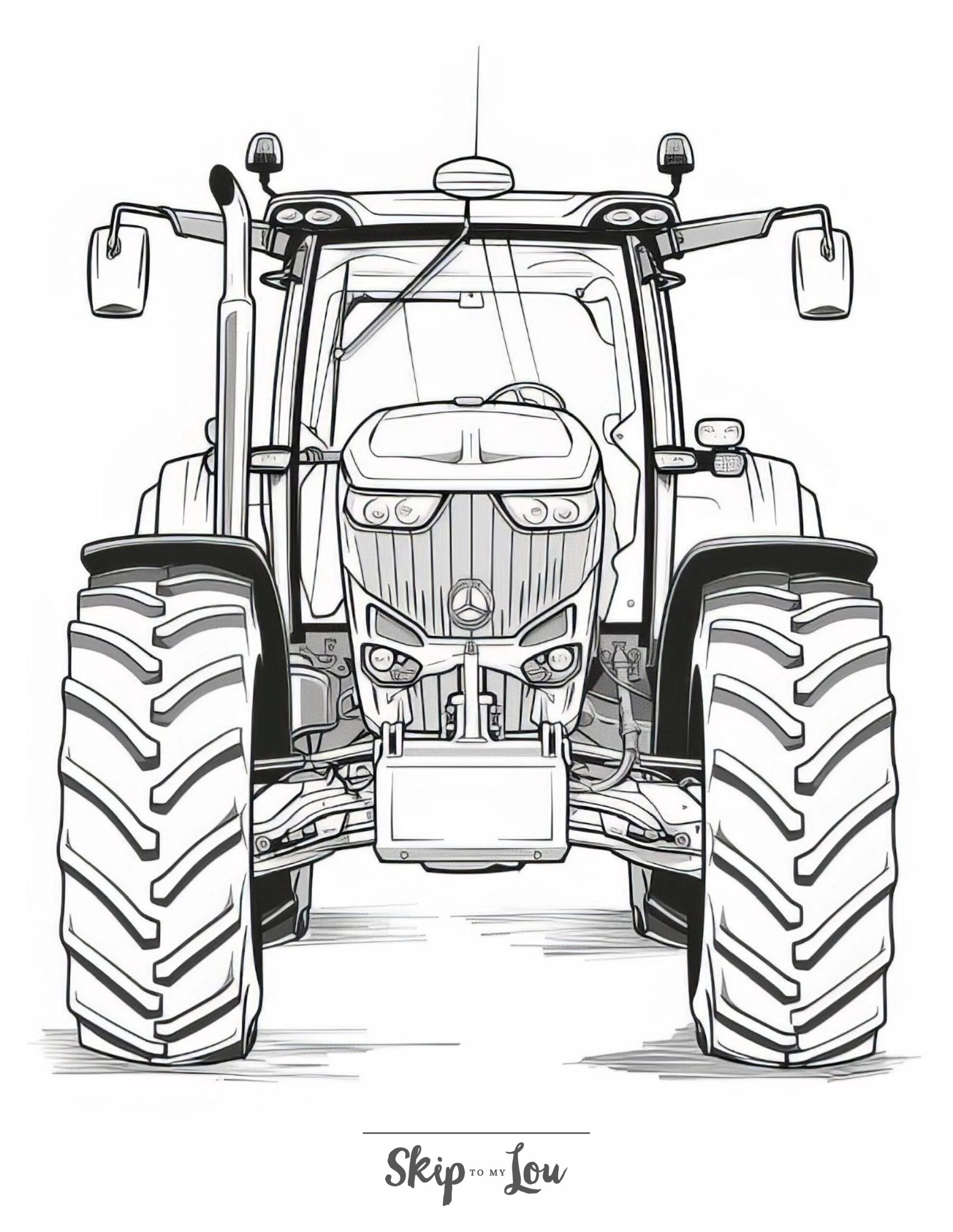Black and white coloring page of a tractor from a front on view.