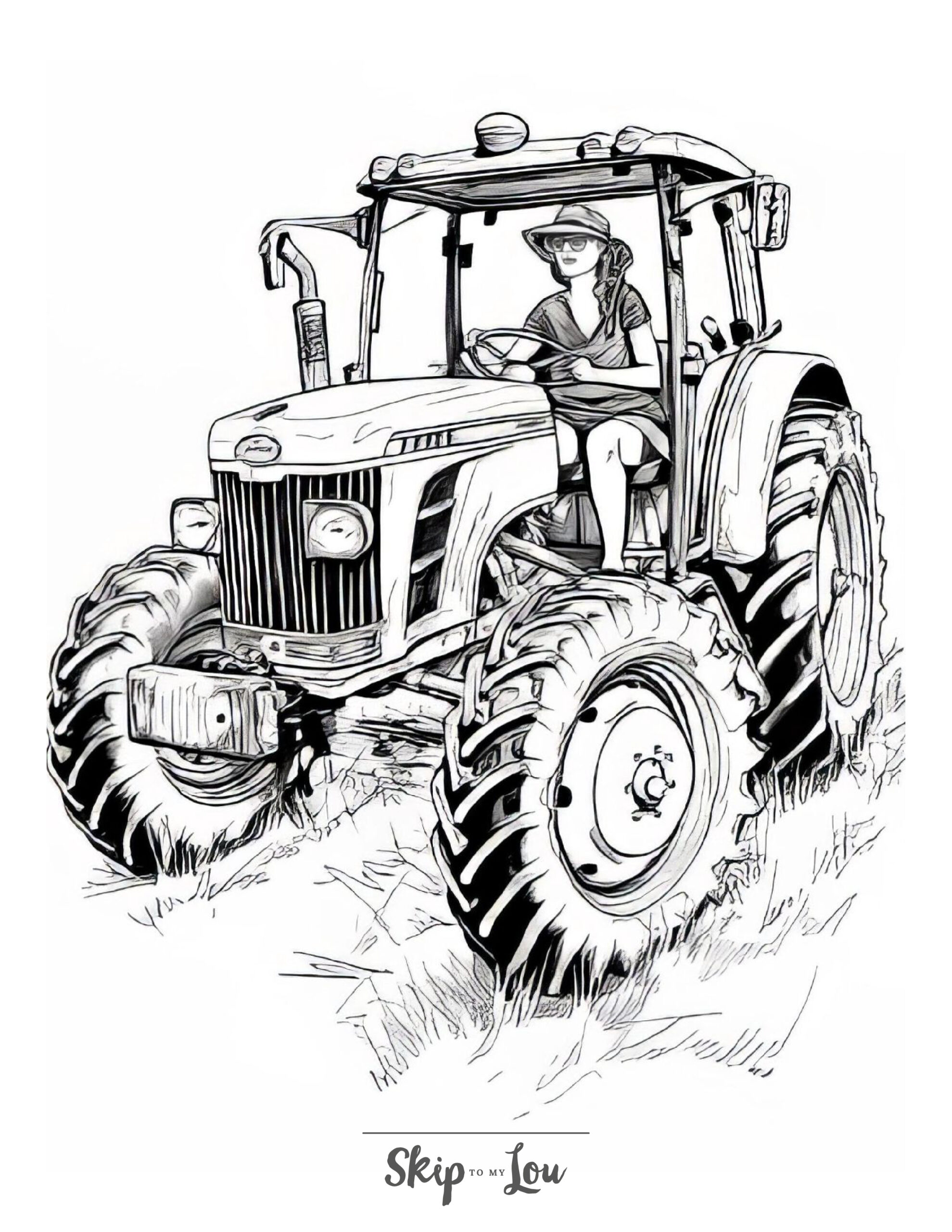 Black and white coloring page of a lady farmer driving her tractor.