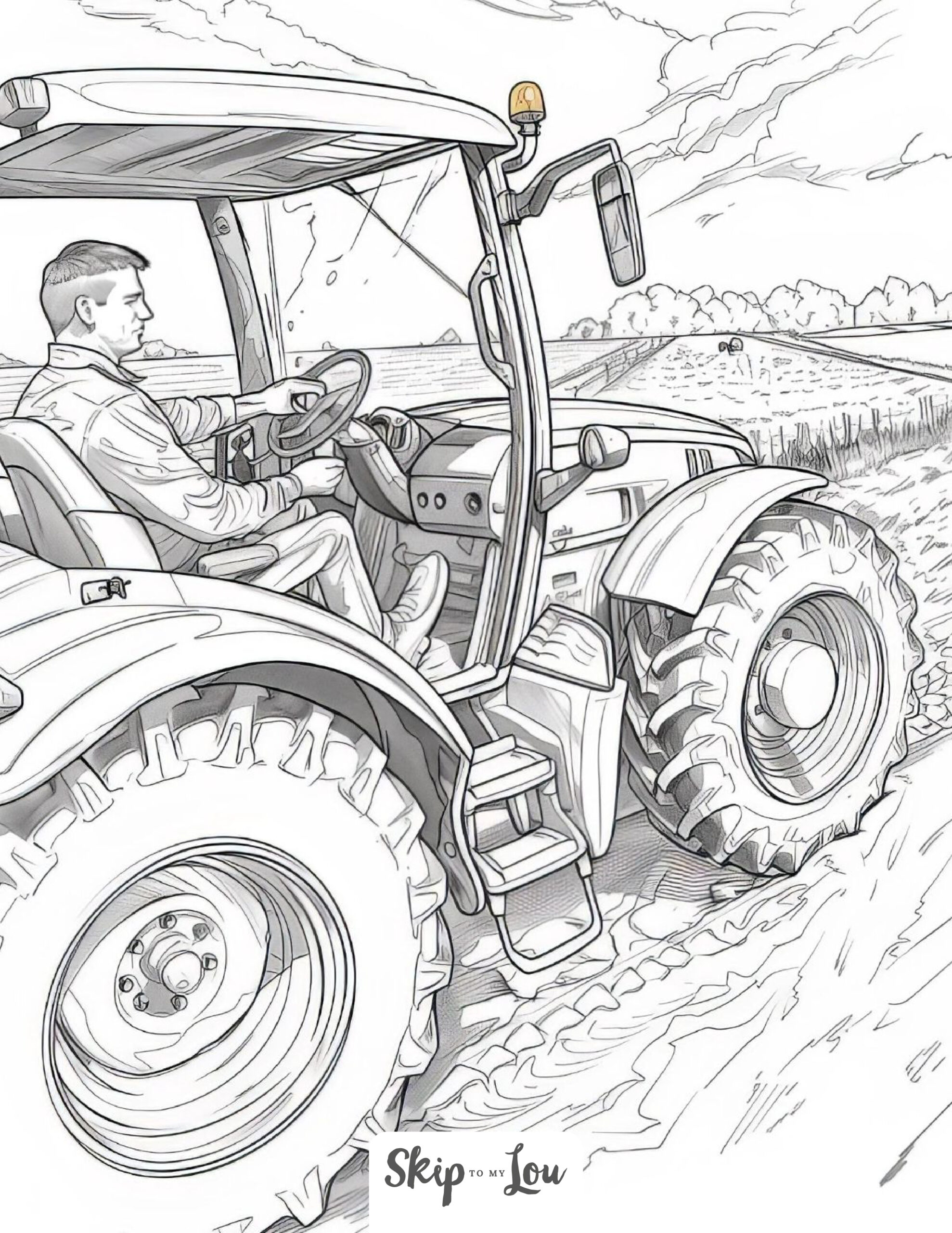 Black and white coloring page of a tractor riding over a muddy field.