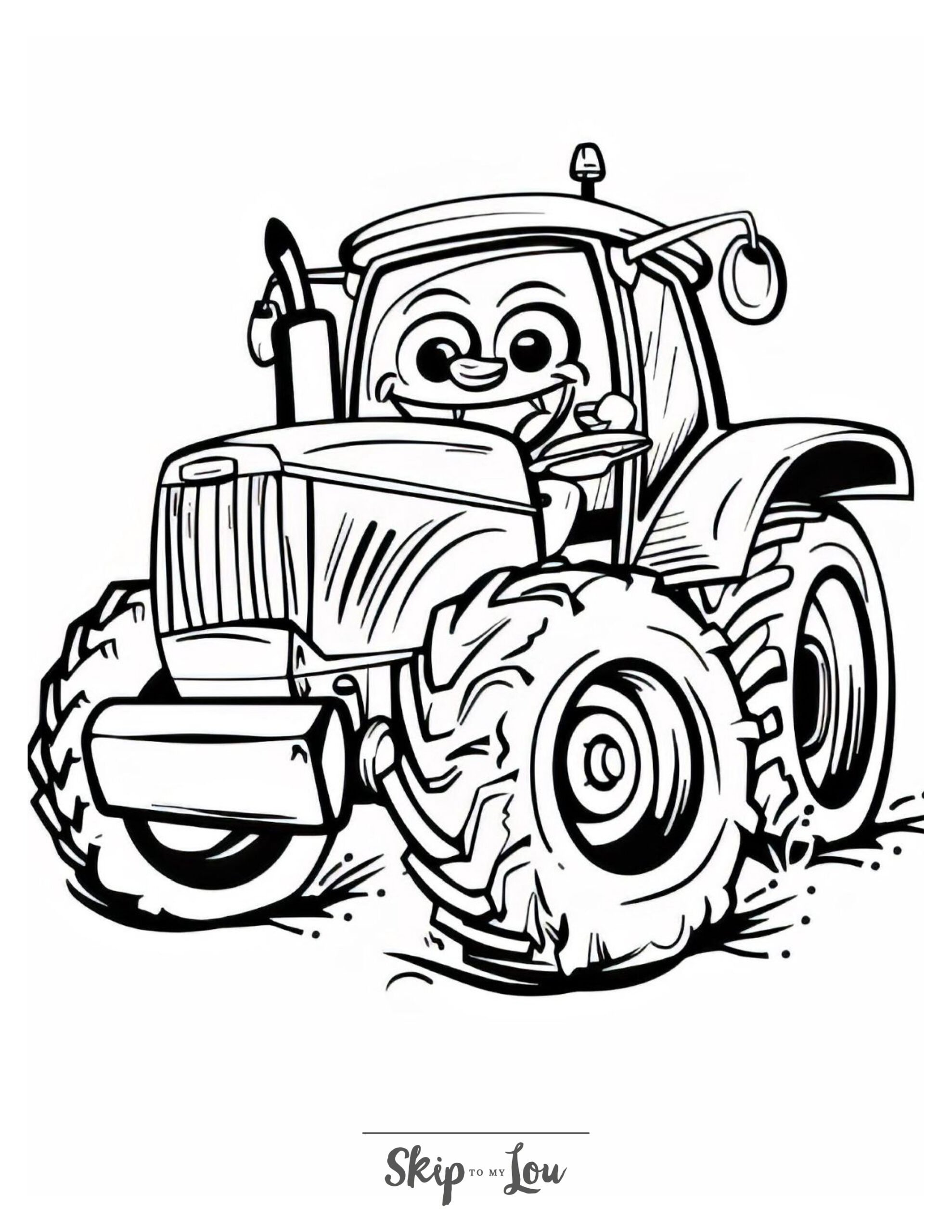 Black and white coloring page of a cartoon tractor smiling because he is ready to help out.