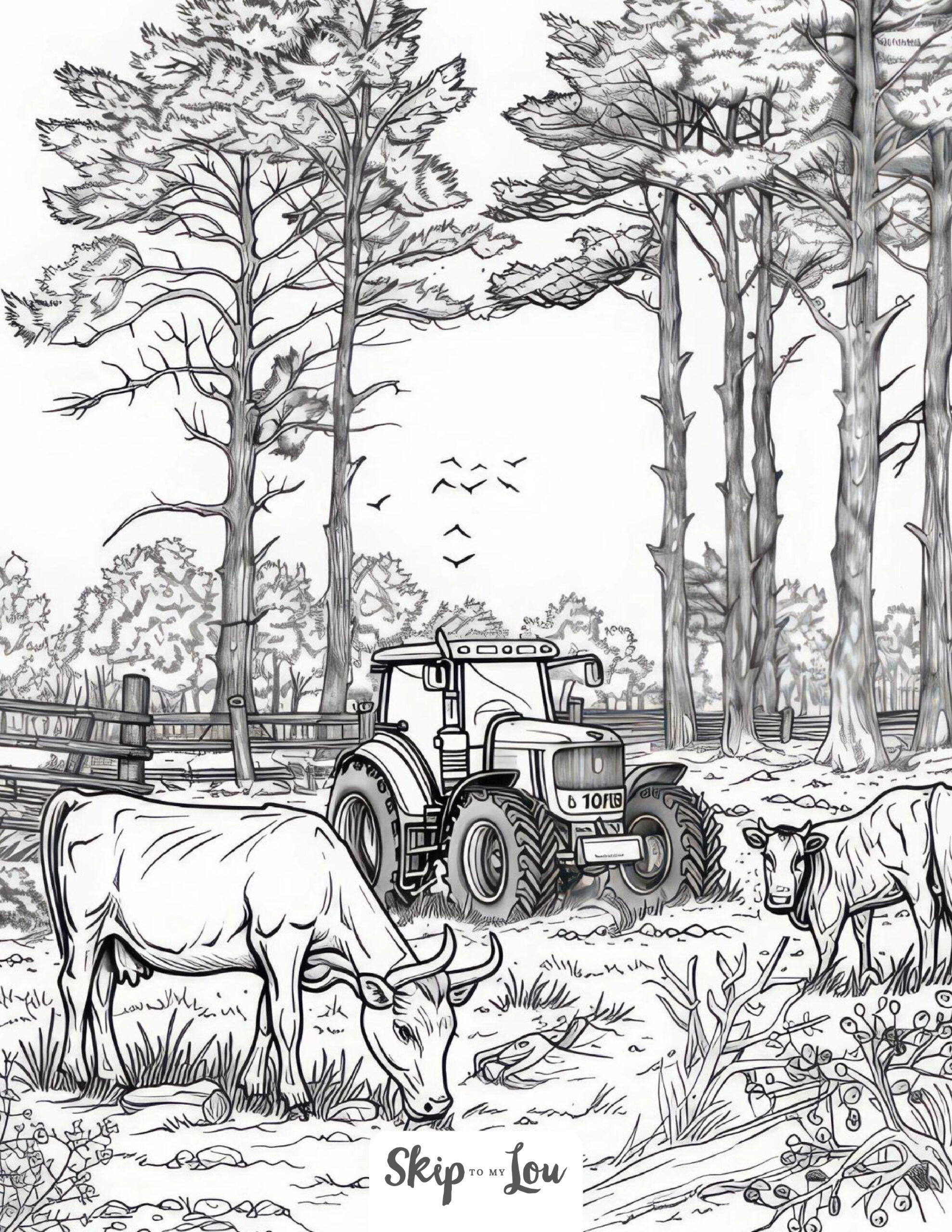 A black and white coloring page of a tractor and cows in a field.