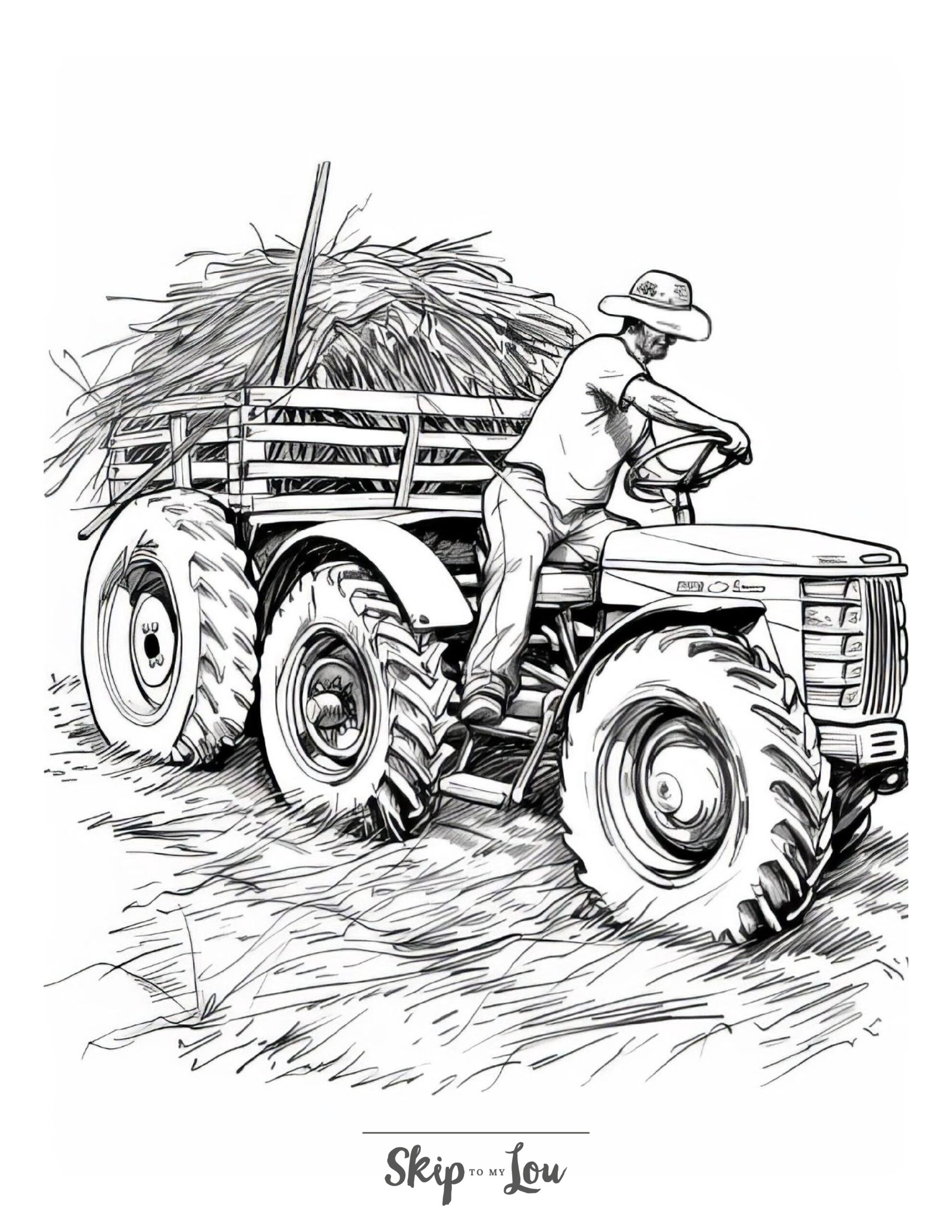 A black and white coloring page of a farmer using his tractor to move hay.