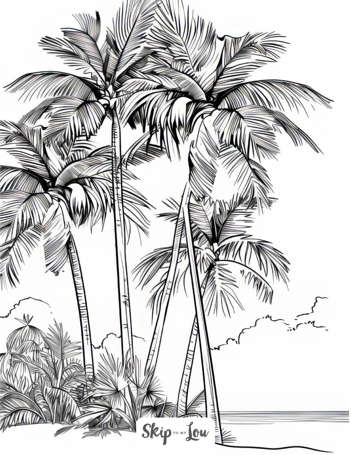 A tree coloring page featuring coconut trees.