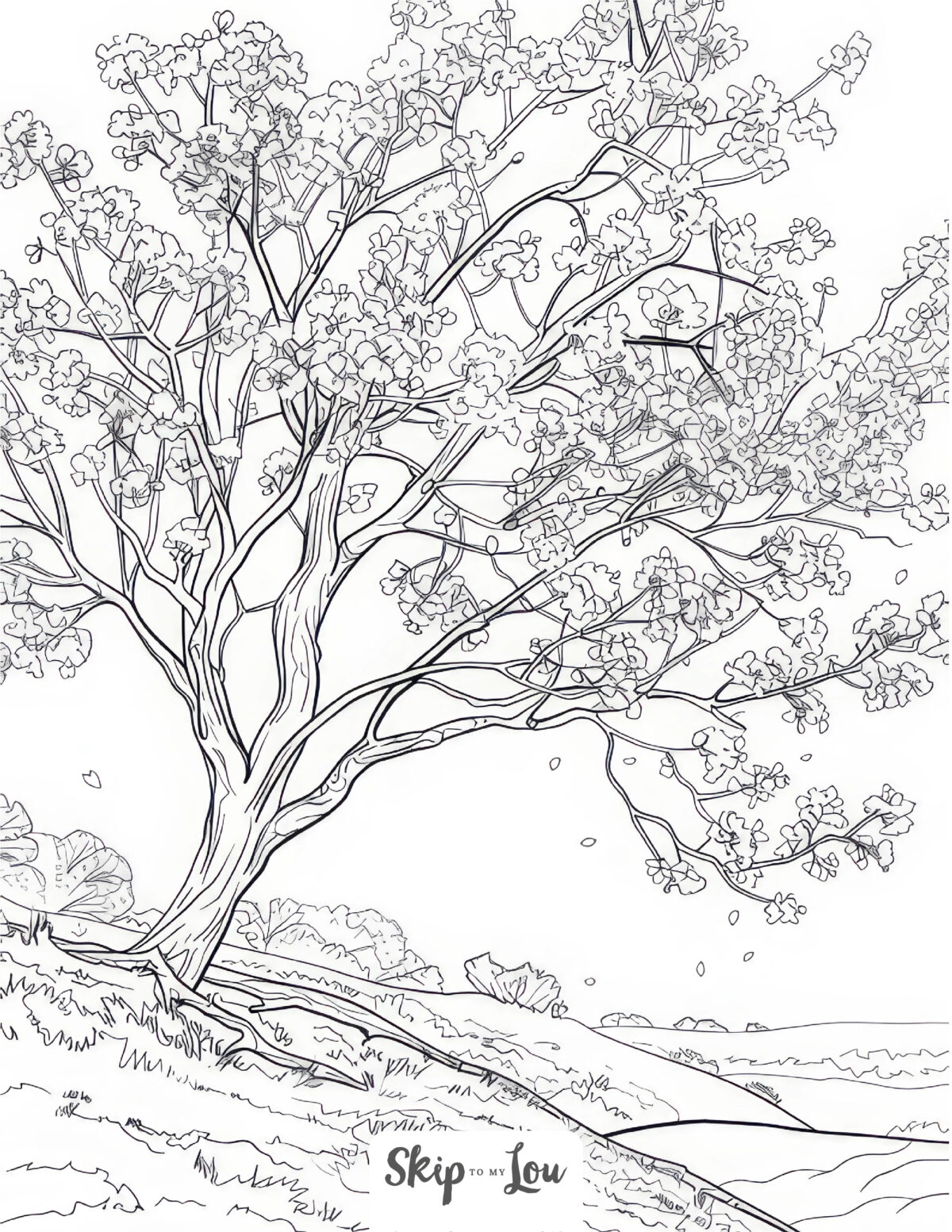 Tree coloring page featuring cherry trees.