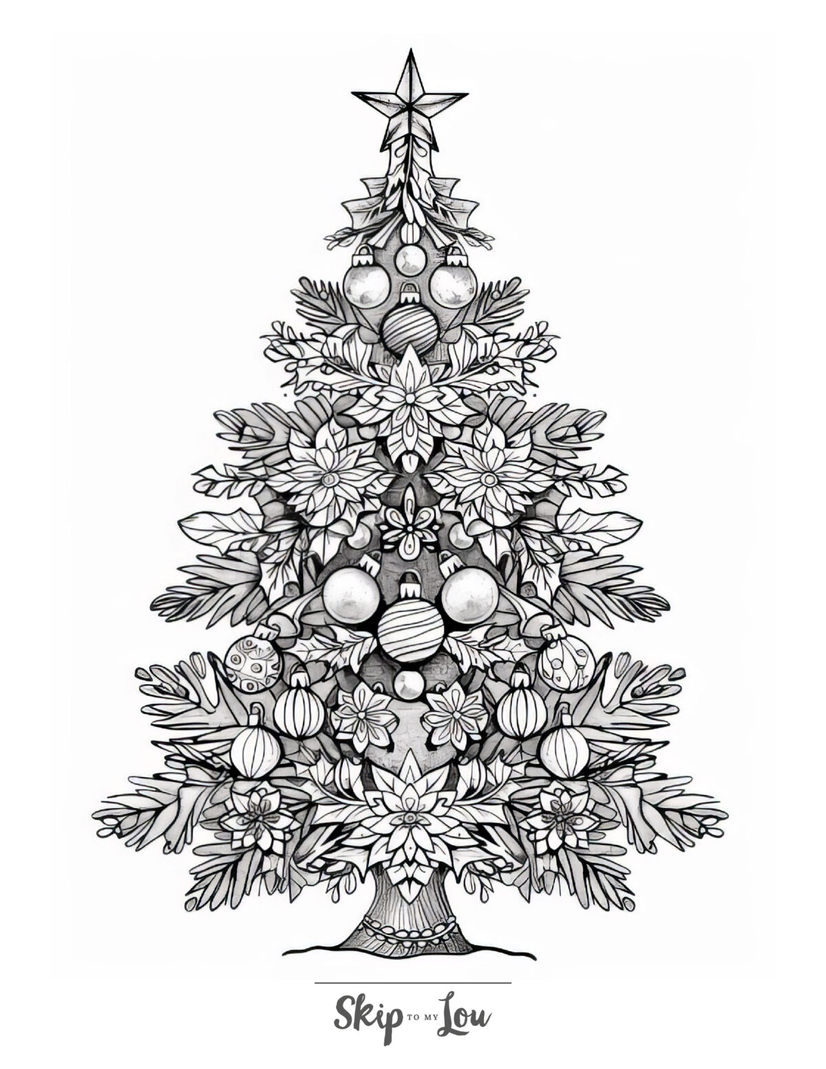 A tree coloring page featuring a christmas tree.