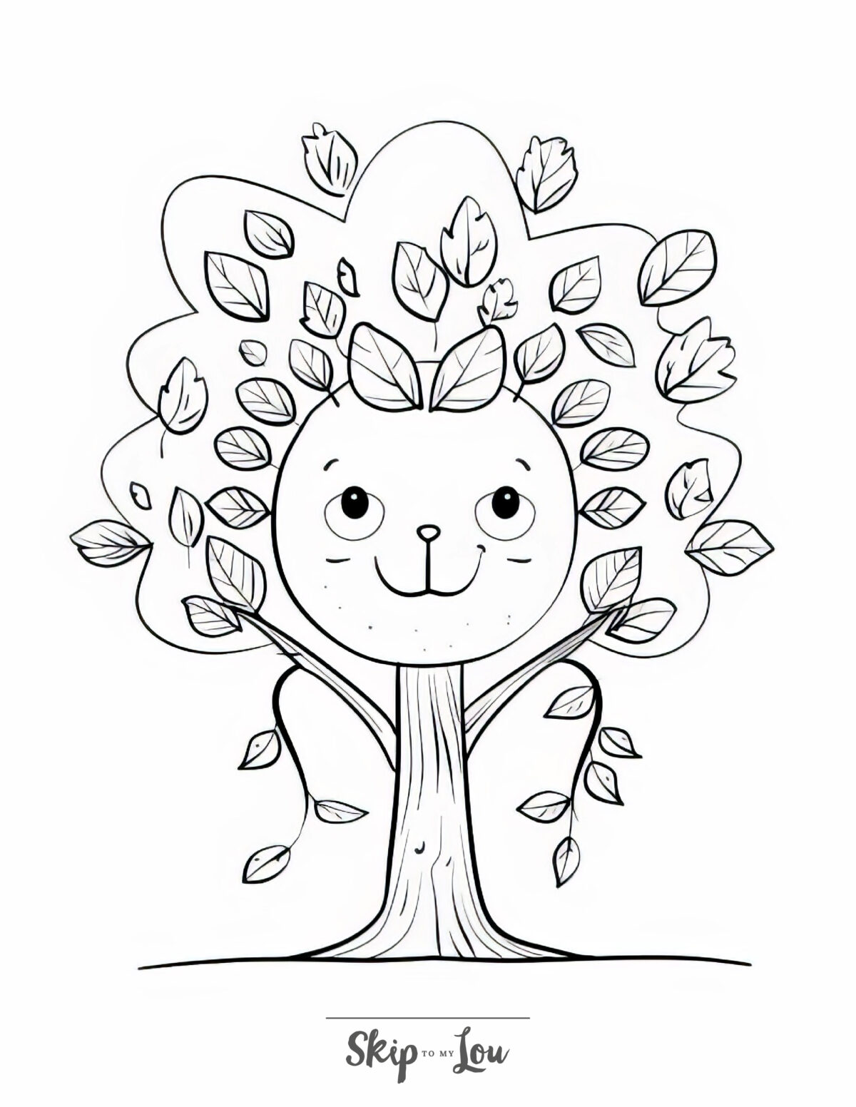 Cute tree coloring page for children featuring a tree with a smiling face.