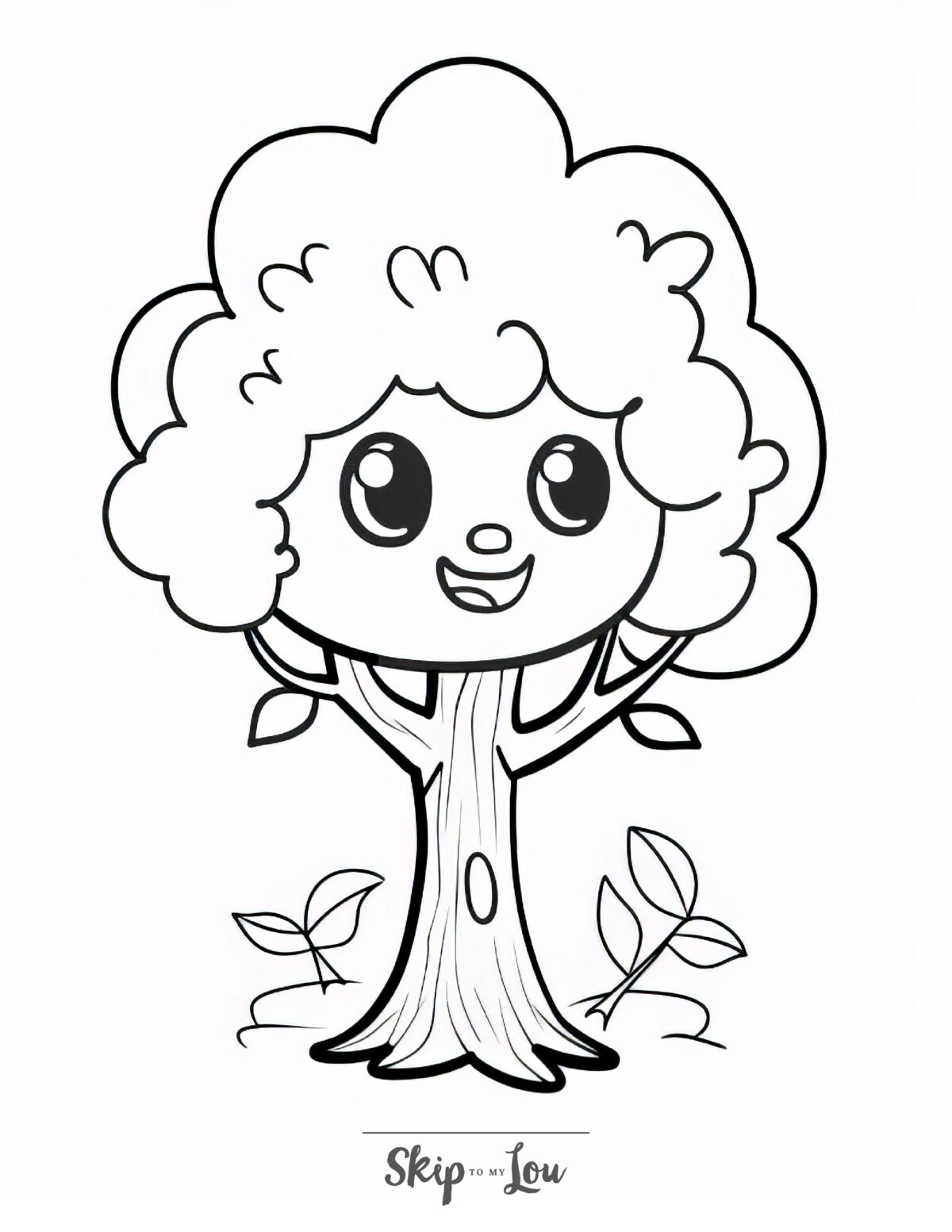 A tree coloring page featuring a cute cartoon tree.