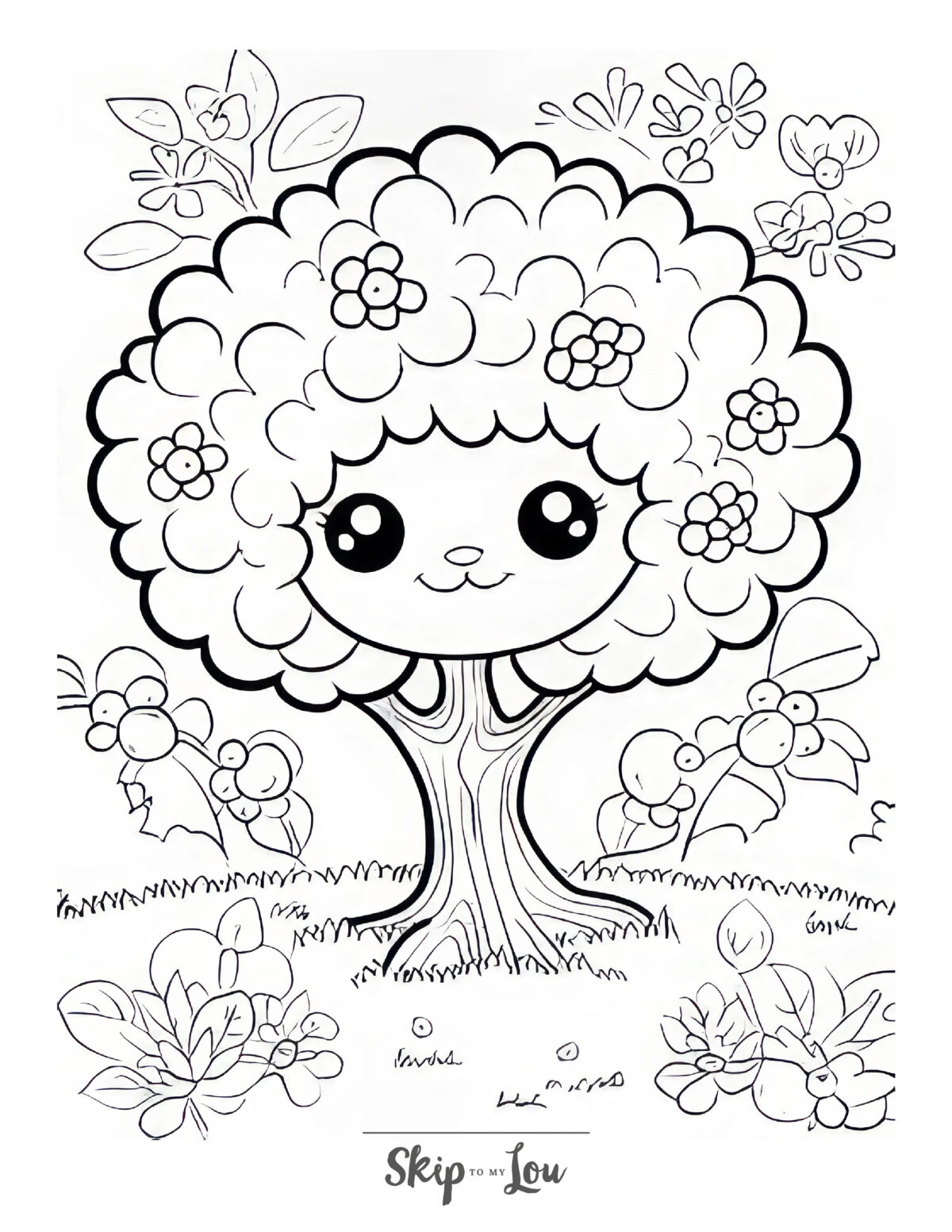 A cartoon tree coloring page.