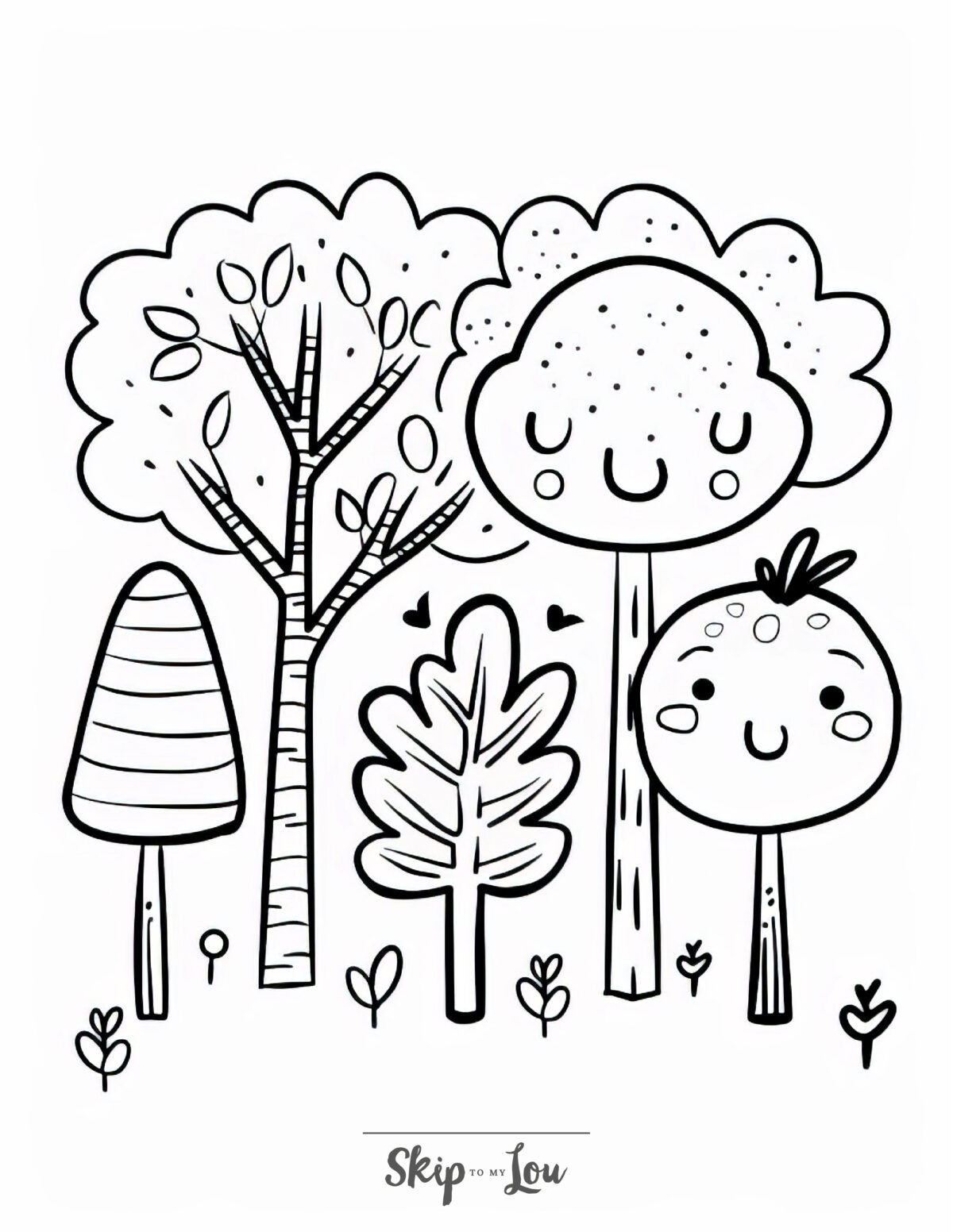 Cartoon of trees for a tree coloring page