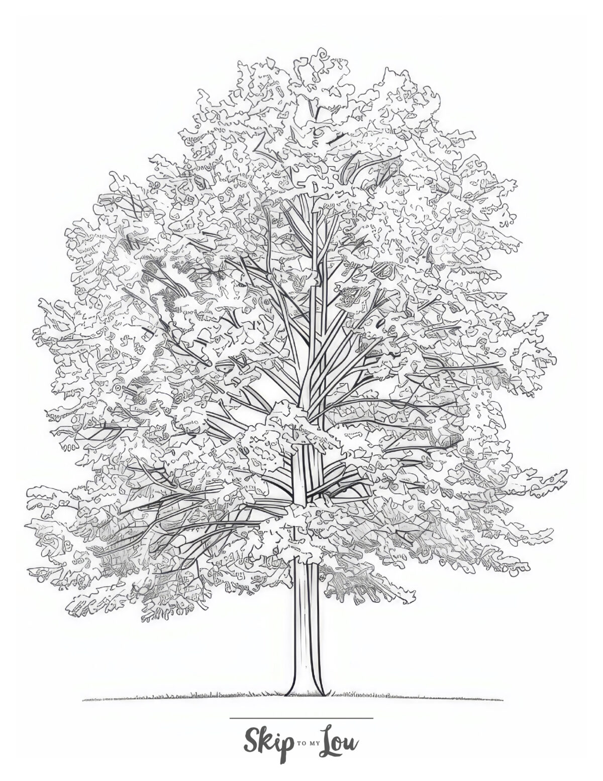 A beautiful tree coloring page for adults featuring a tree with lots of leaves.