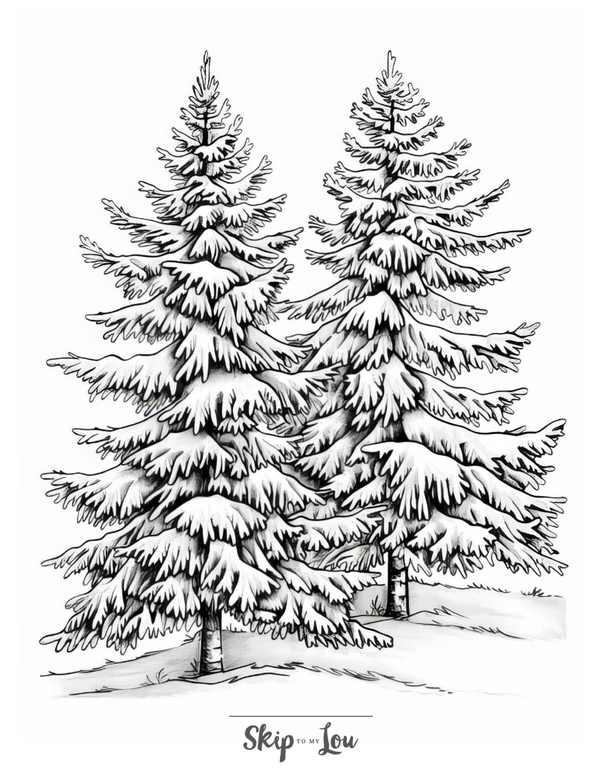 Tree coloring page featuring two trees standing in a grassy area