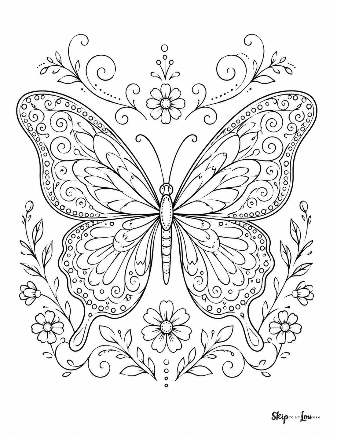Butterfly coloring page for adults with detailed wings, flowers, and decorative swirl patterns