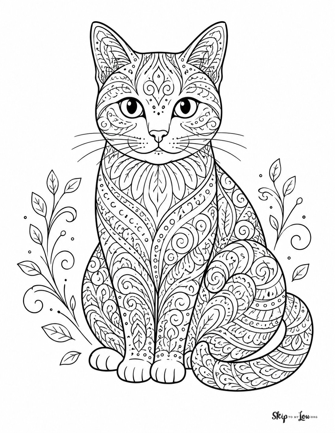 Cat zentangle coloring page with detailed patterns, swirls, and leaves