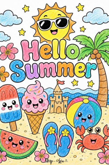 colorful hello sumer coloring page with ice cream beach ball ocean and sun all with faces