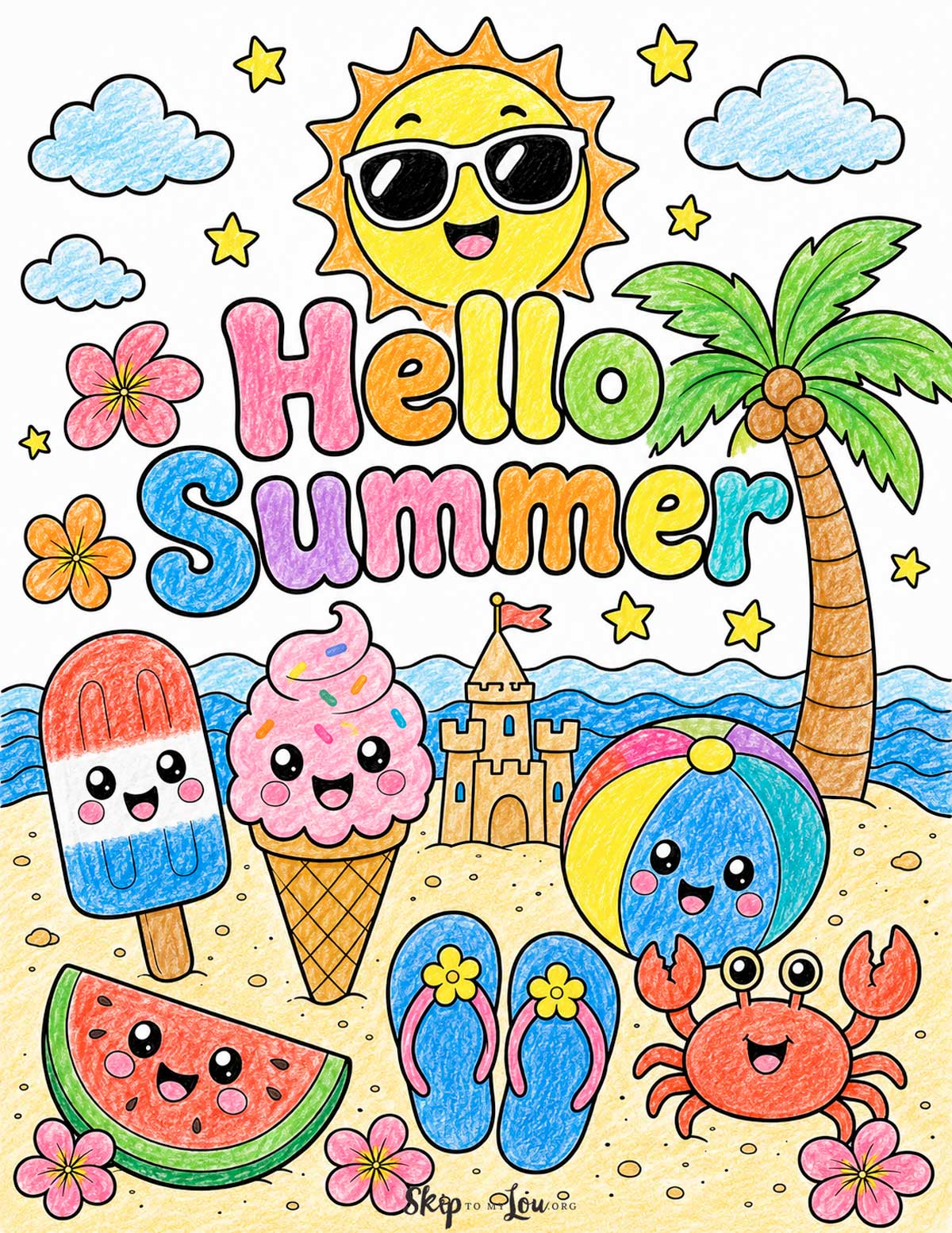 colorful hello sumer coloring page with ice cream beach ball ocean and sun all with faces