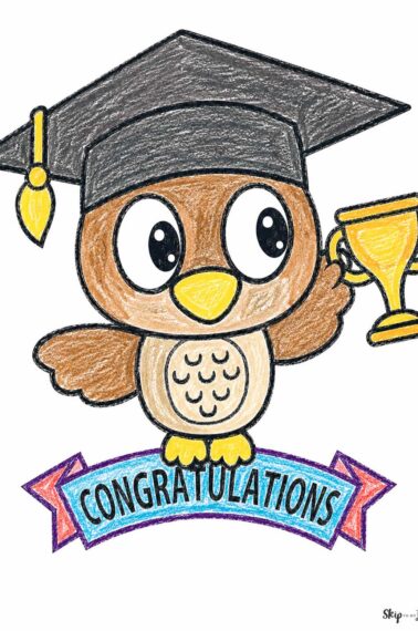owl with grad cap and trophy standing on banner that says congratulations
