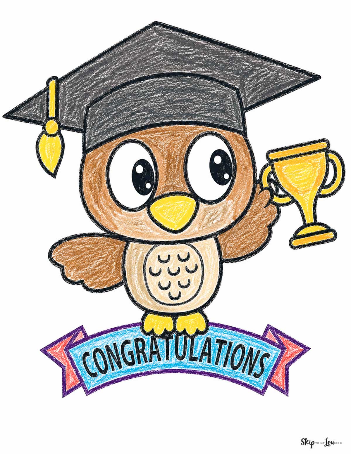 owl with grad cap and trophy standing on banner that says congratulations