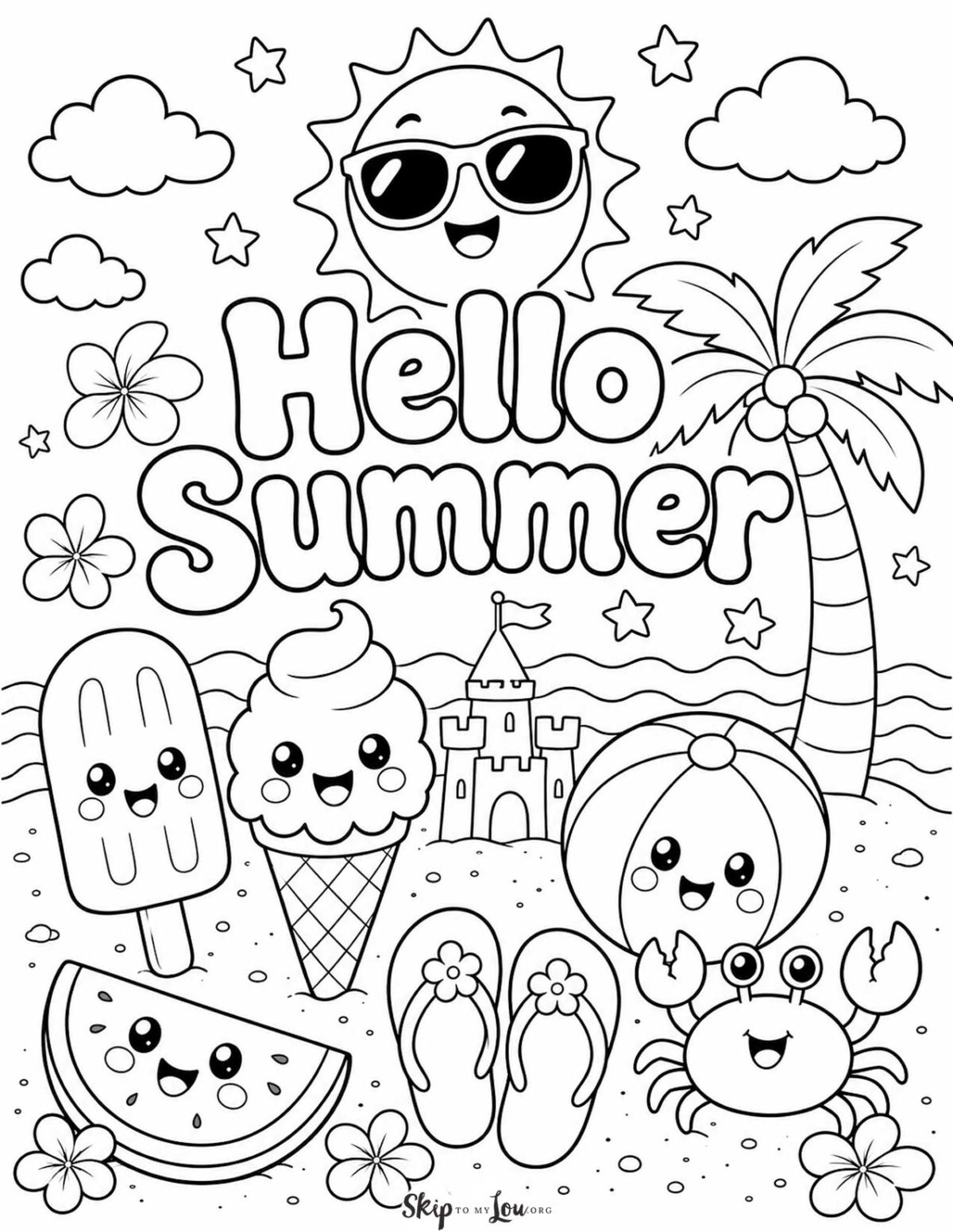 cheerful sun wearing sunglasses with clouds and a fun Hello Summer message