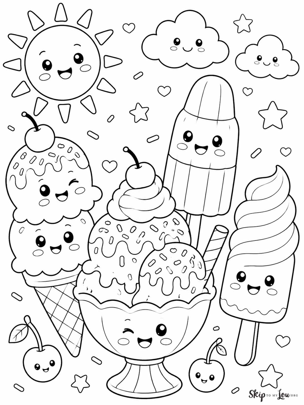 Ice cream coloring page with sundae, ice cream cone, bomb pop popsicle, soft serve, cherries, sprinkles, and smiling sun