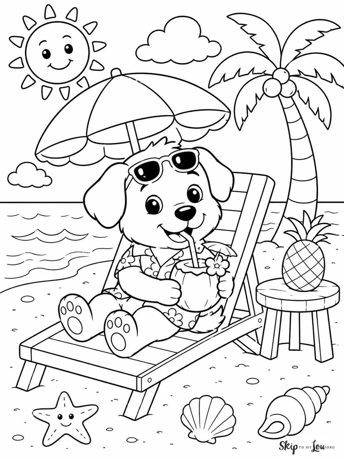 Dog on the beach coloring page with puppy on lounge chair under umbrella sipping a drink
