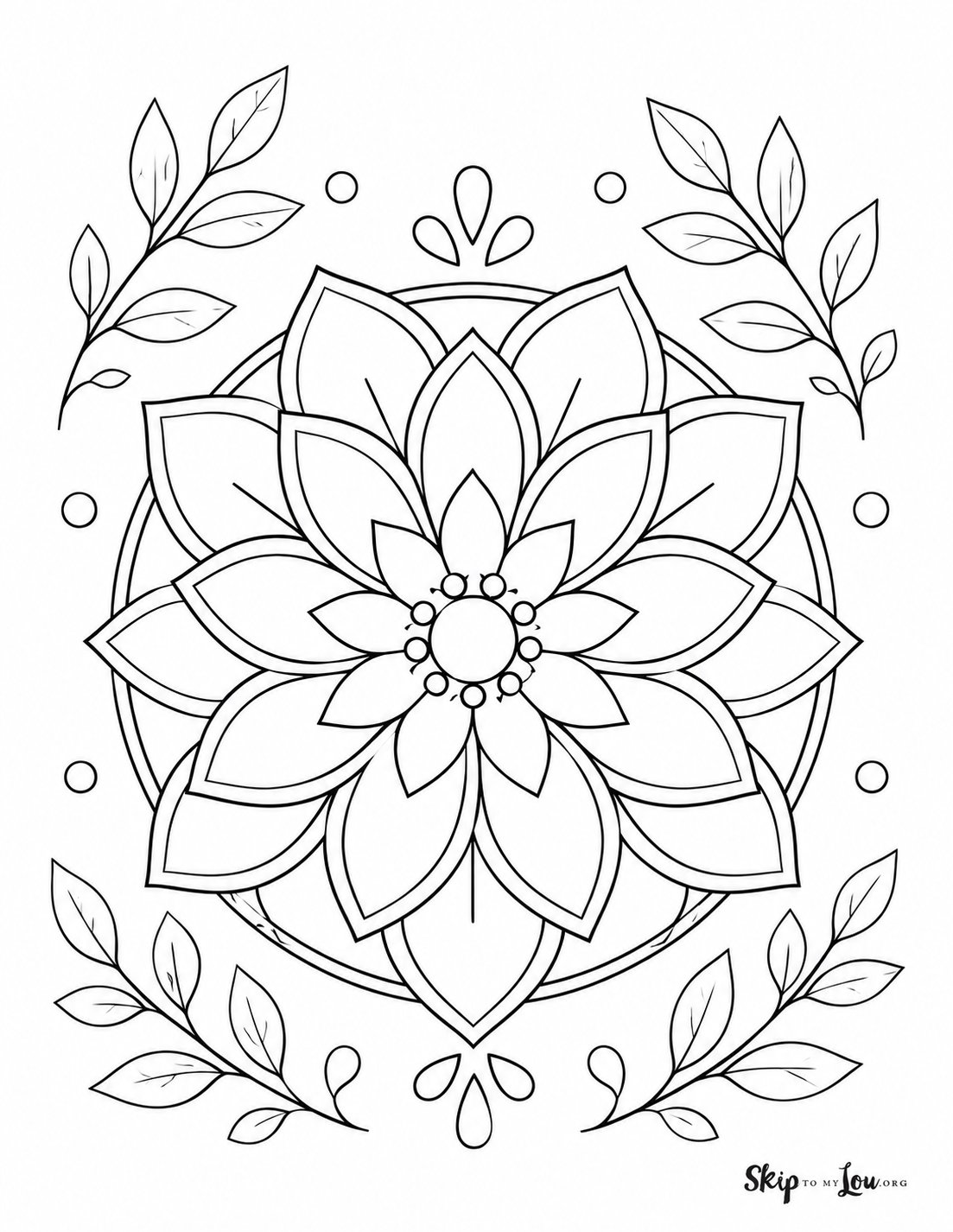 Easy adult coloring page with a large floral mandala and simple leafy accents
