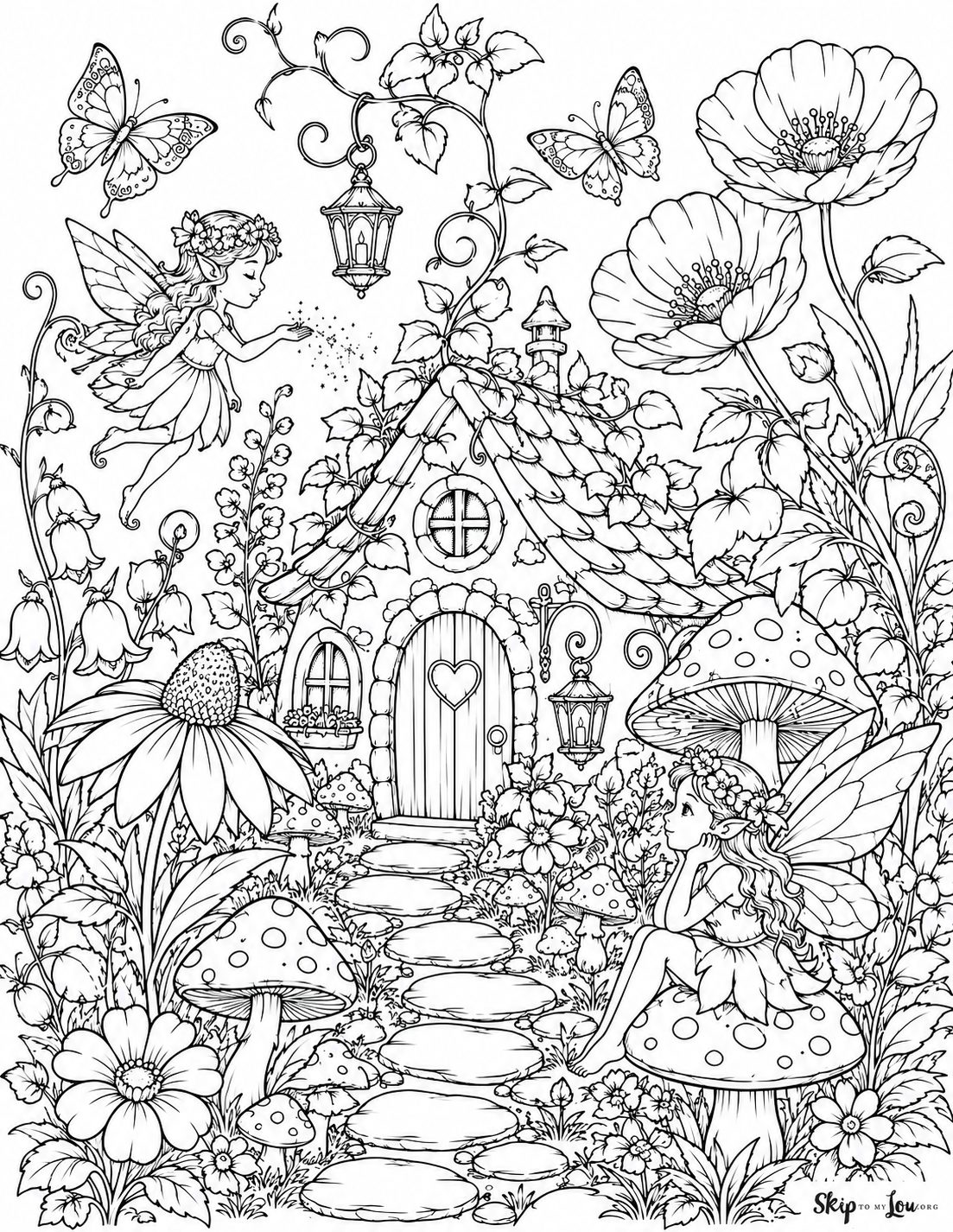 Fairy garden adult coloring page with fairies, flowers, mushrooms, and a whimsical cottage