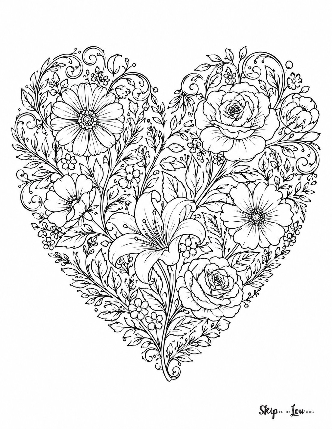 Floral heart coloring page for adults with detailed flowers and leaves inside a heart shape