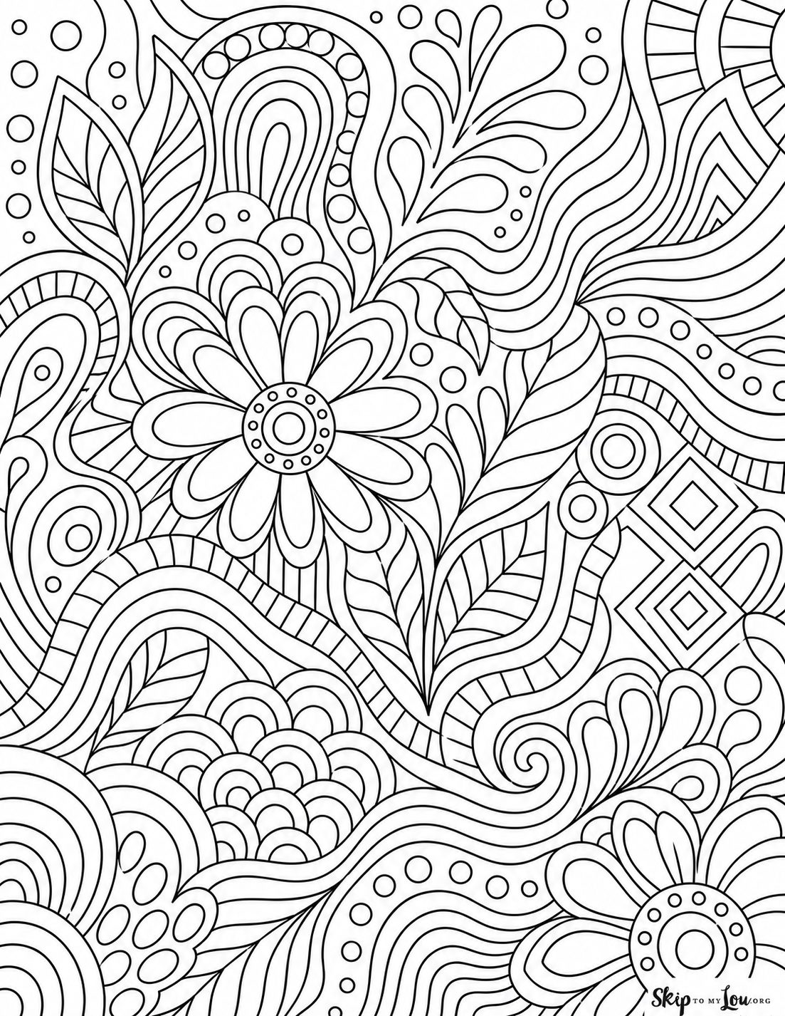 Full page abstract pattern coloring page with flowers, leaves, and flowing doodle patterns