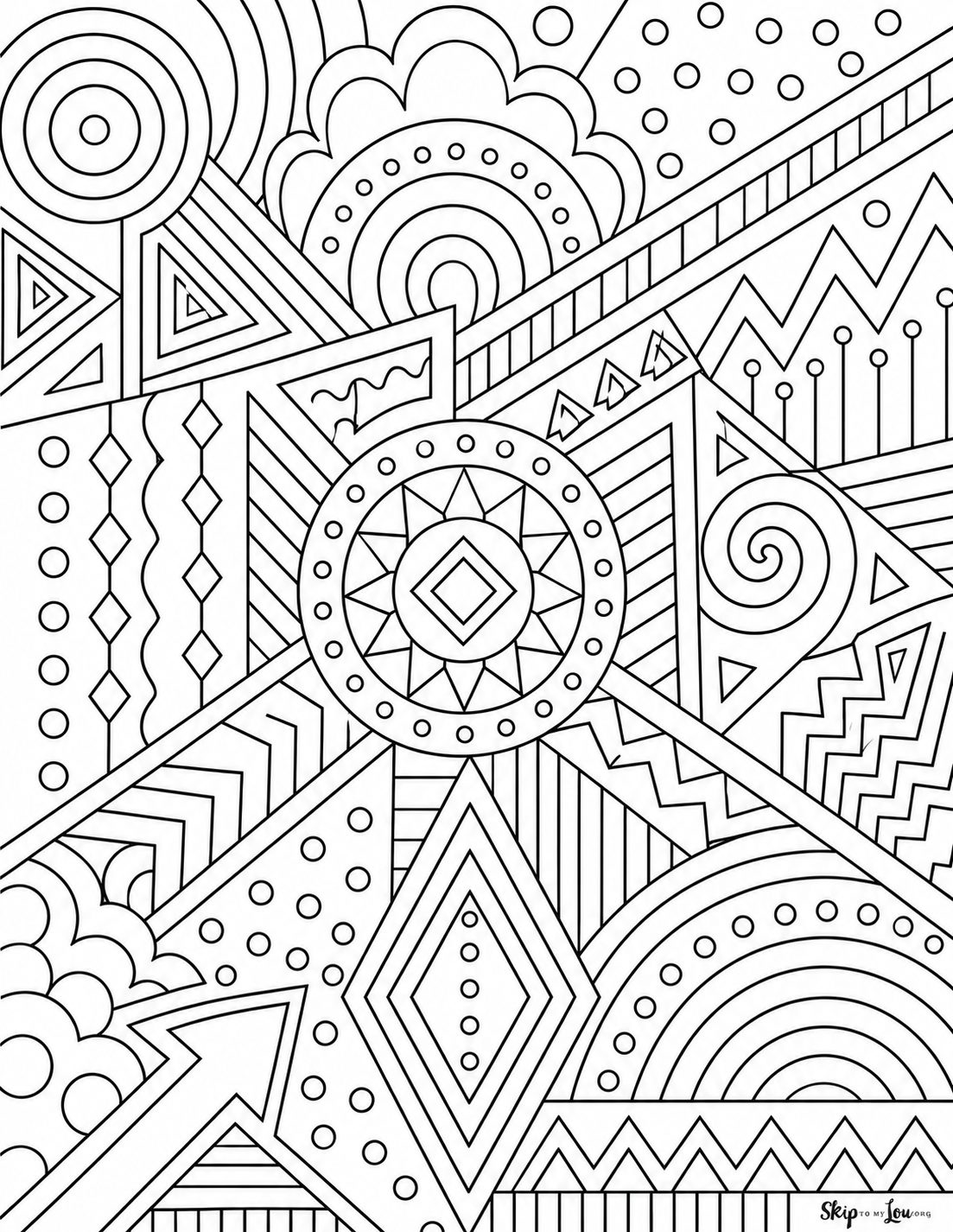 Geometric doodle coloring page with circles, diamonds, zigzags, and abstract patterns