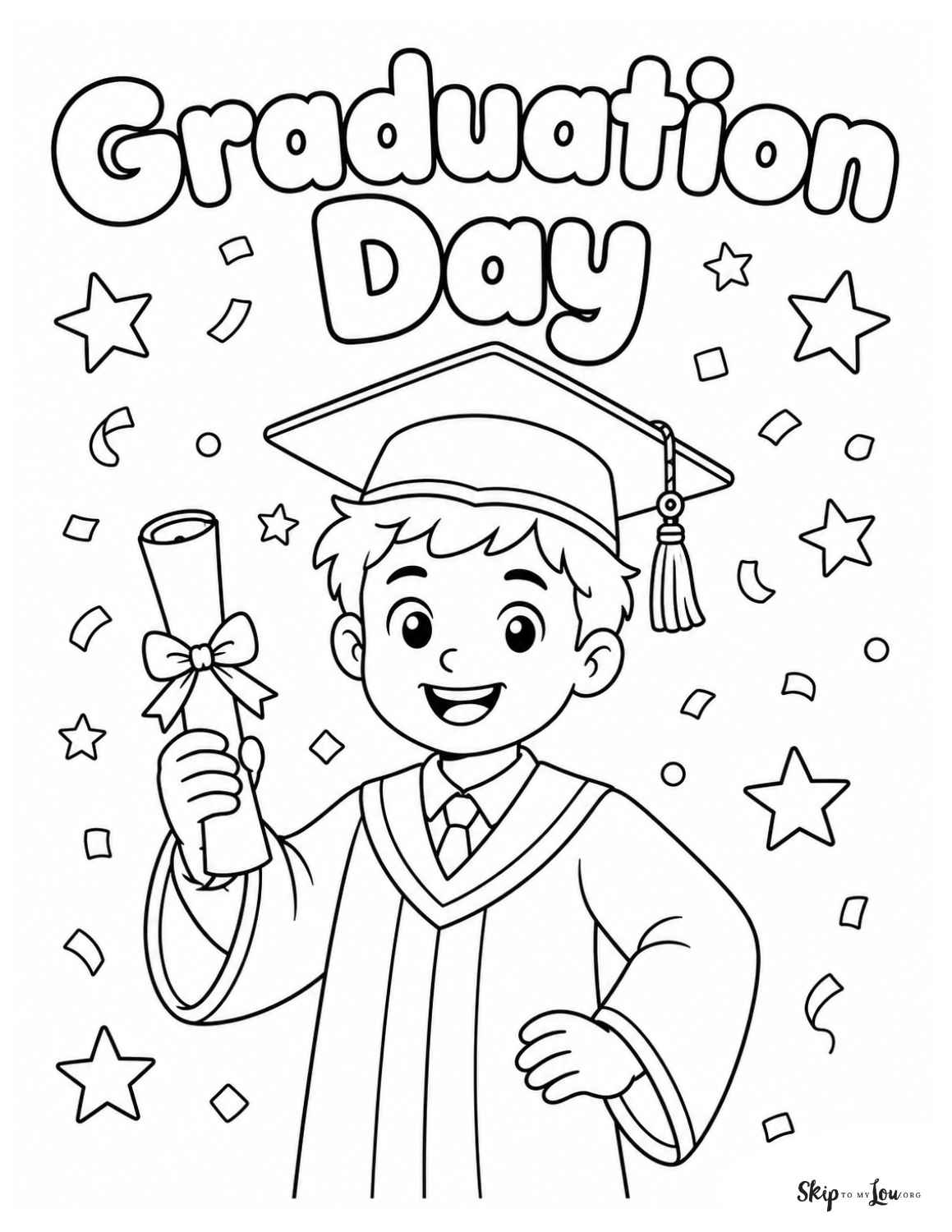 Graduation Day grad holding diploma with stars in background